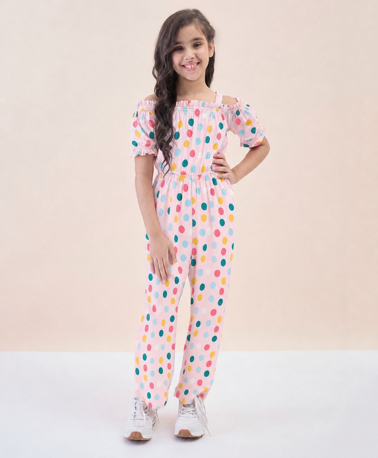 StyloBug Woven Cold Shoulder Sleeves Polka Dots Printed Jumpsuit - Pink-picture-28