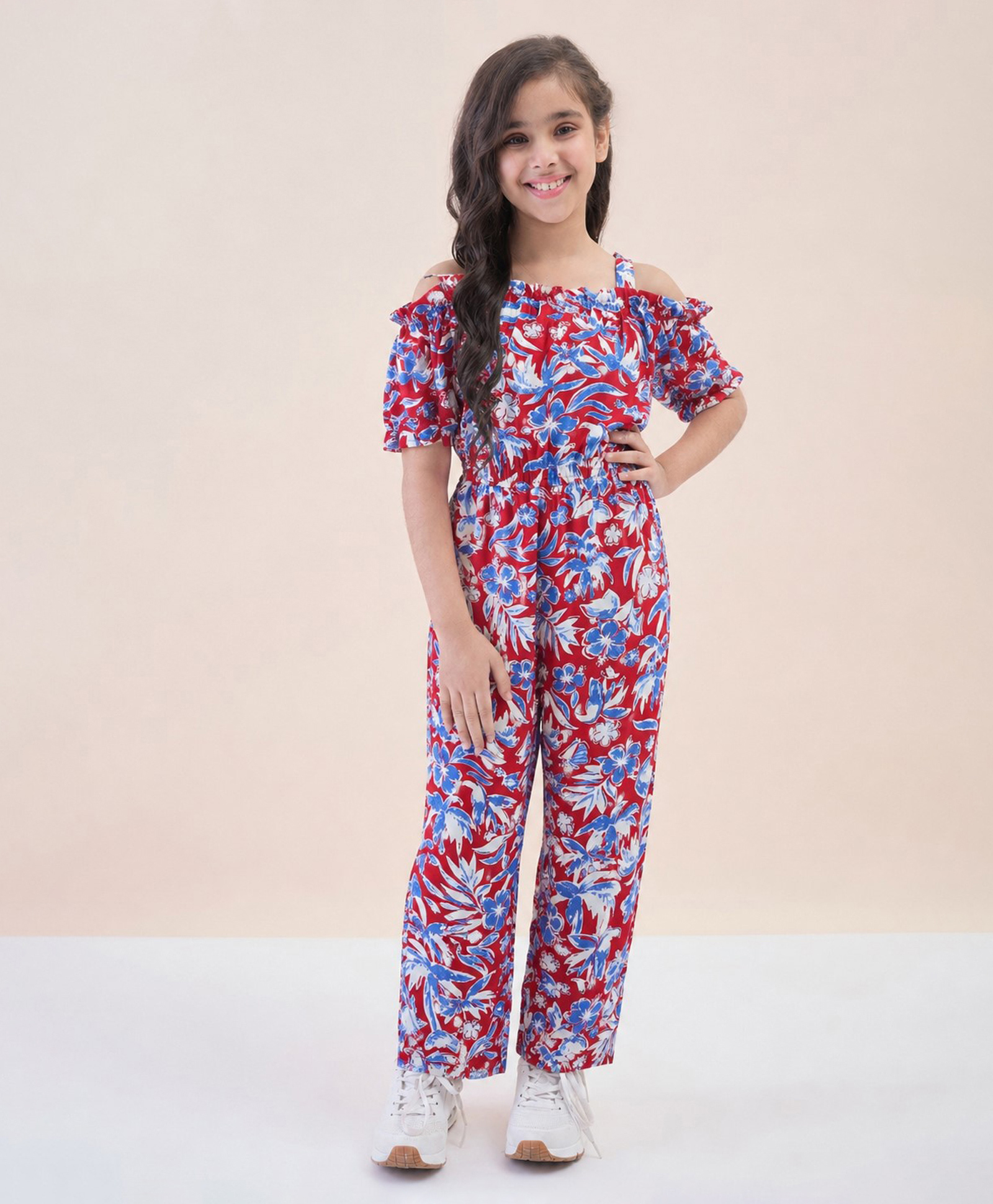 StyloBug Viscose Rayon Woven Cold Shoulder Sleeves Floral Printed Jumpsuit - Red-picture-11