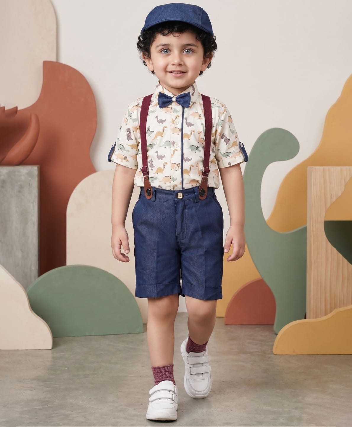 AJ Dezines Cotton Woven Half Sleeves Dinosaurs Printed Bow Appique Detailed Shirt & Shorts Set With Suspenders & Cap - Cream-picture-20