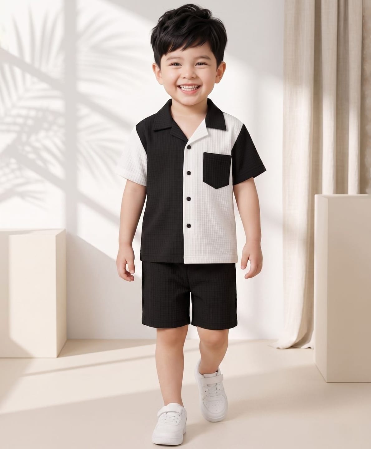 AJ Dezines Cotton Blend Knit Half Sleeves Pocket Detailed Colour Blocked Shirt & Shorts Set - Black-image-27