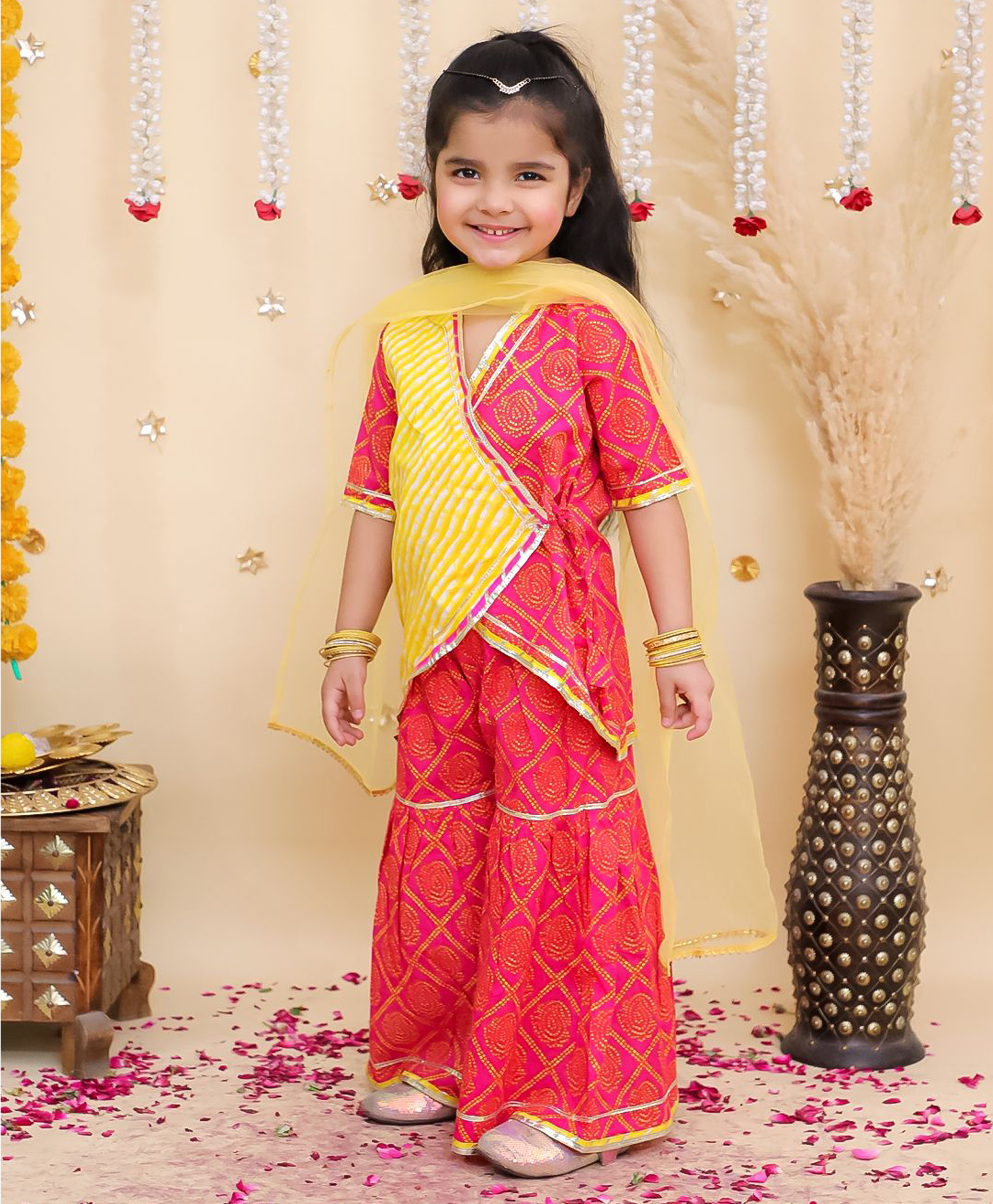 BownBee Pure Cotton Woven Half Sleeves Leheriya & Bandhani Printed Lace Embellished Angarakha Style Kurti & Sharara With Dupatta Set - Pink-image-12