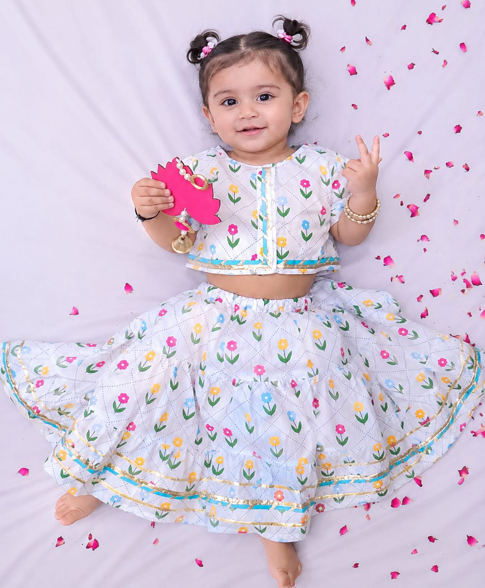 BownBee Pure Cotton Woven Half Sleeves Floral Printed & Lace Embellished Lehenga & Choli Set - White-image-36