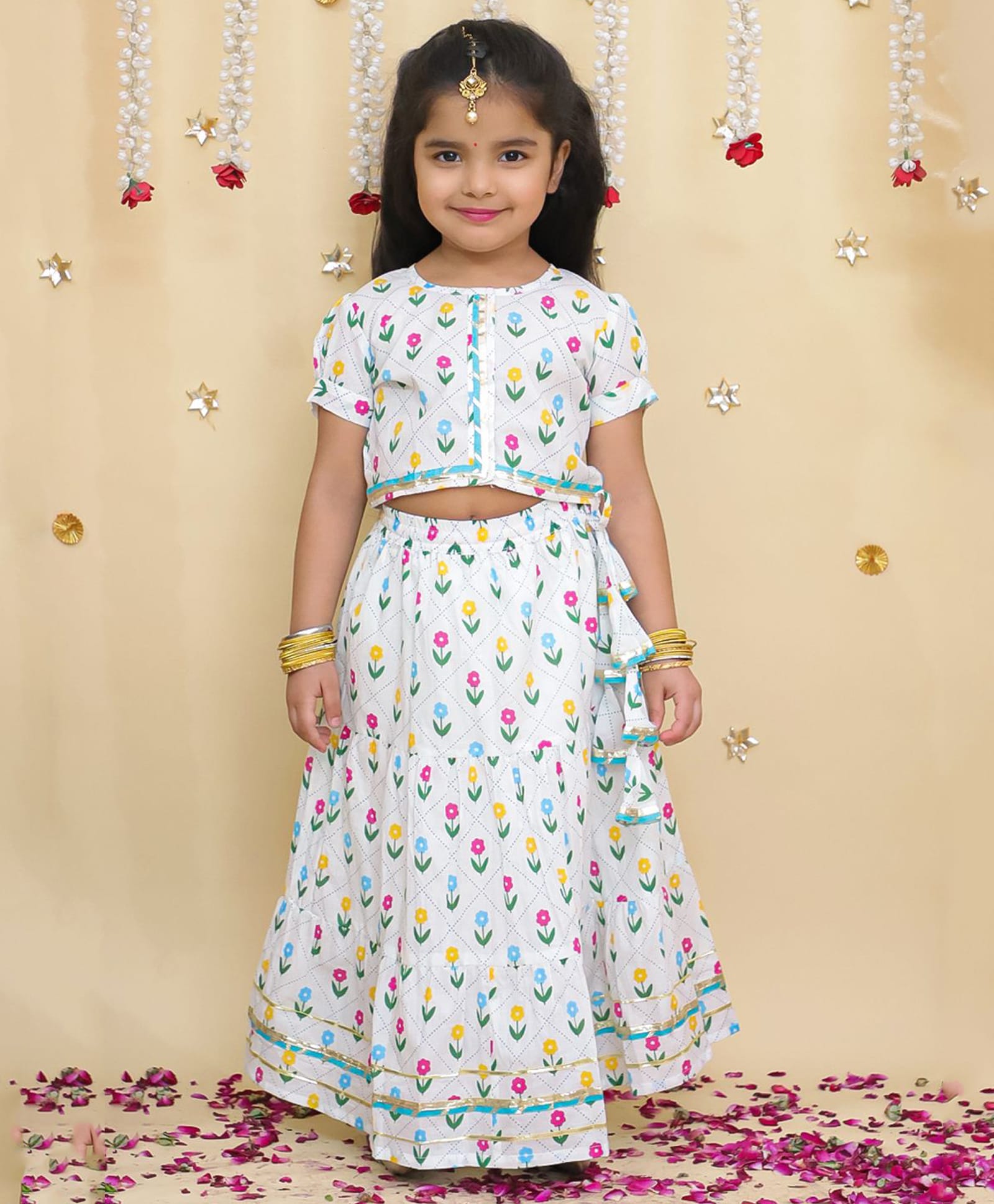 BownBee Pure Cotton Woven Half Sleeves Floral Printed & Lace Embellished Lehenga & Choli Set - White-image-34