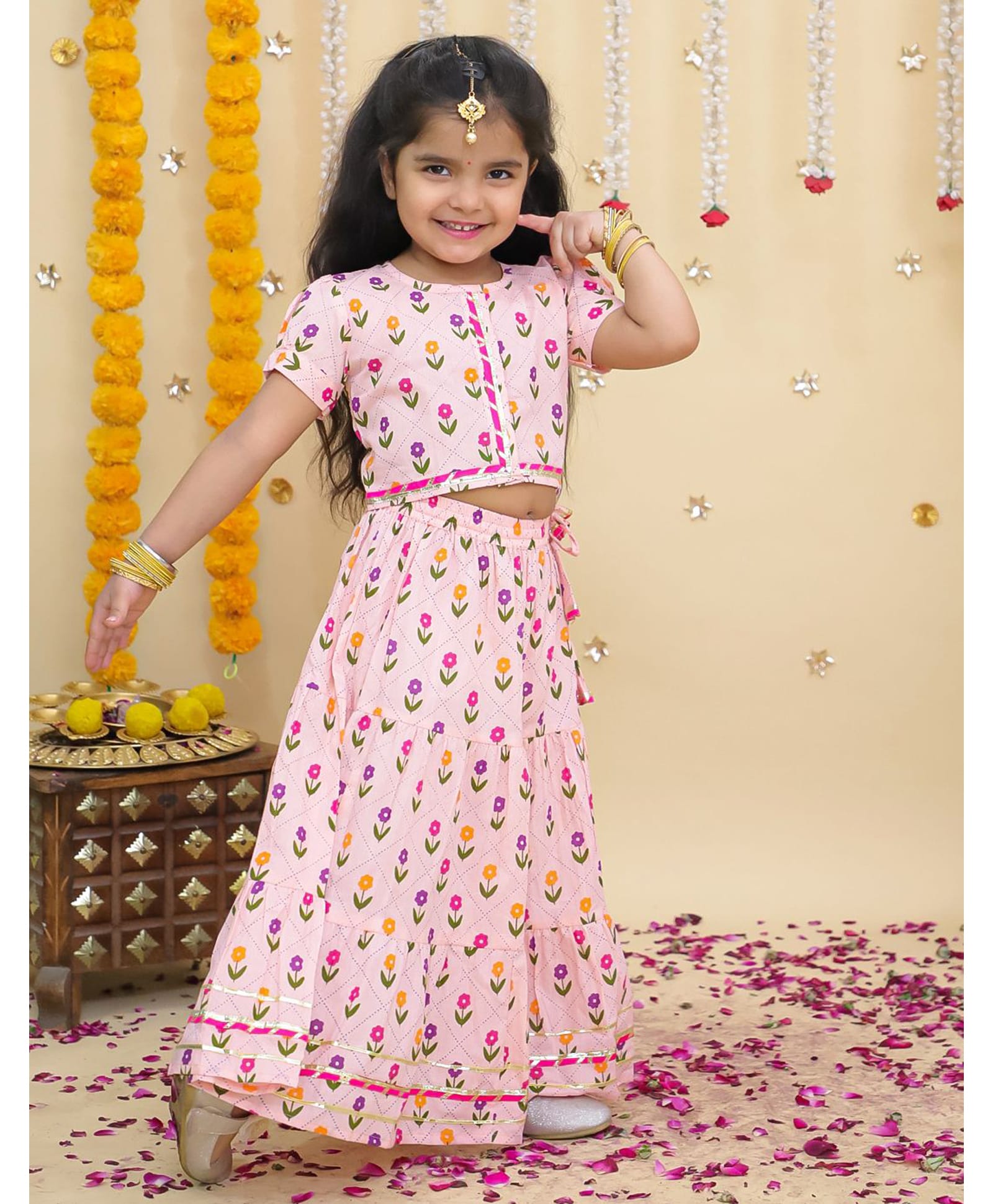BownBee Pure Cotton Woven Half Sleeves Floral Printed & Lace Embellished Lehenga & Choli Set - Pink-picture-18