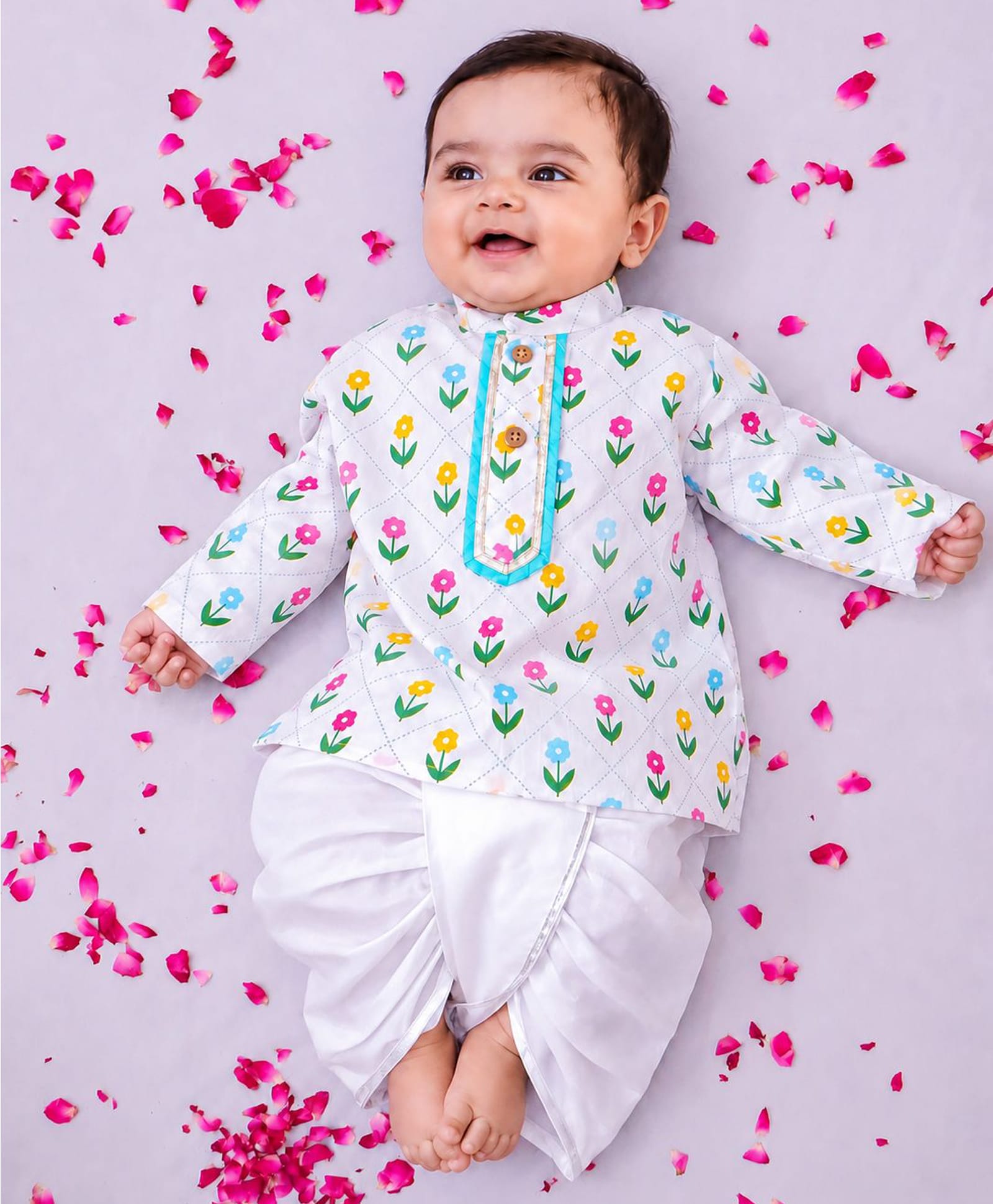 BownBee Cotton Woven Full Sleeves Floral Printed Kurta & Dhoti Set - White-picture-30