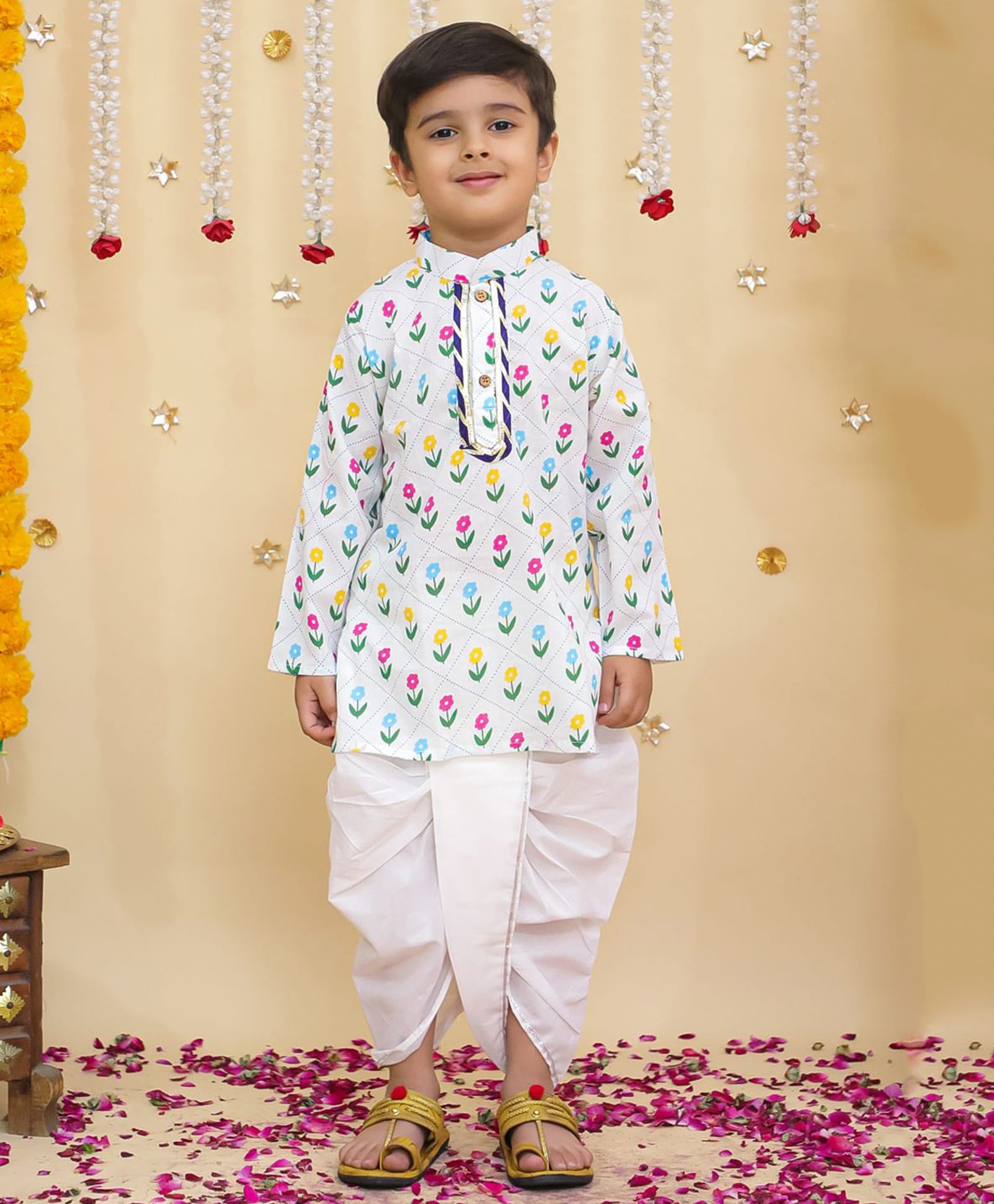 BownBee Cotton Woven Full Sleeves Floral Printed Kurta & Dhoti Set - White-picture-21