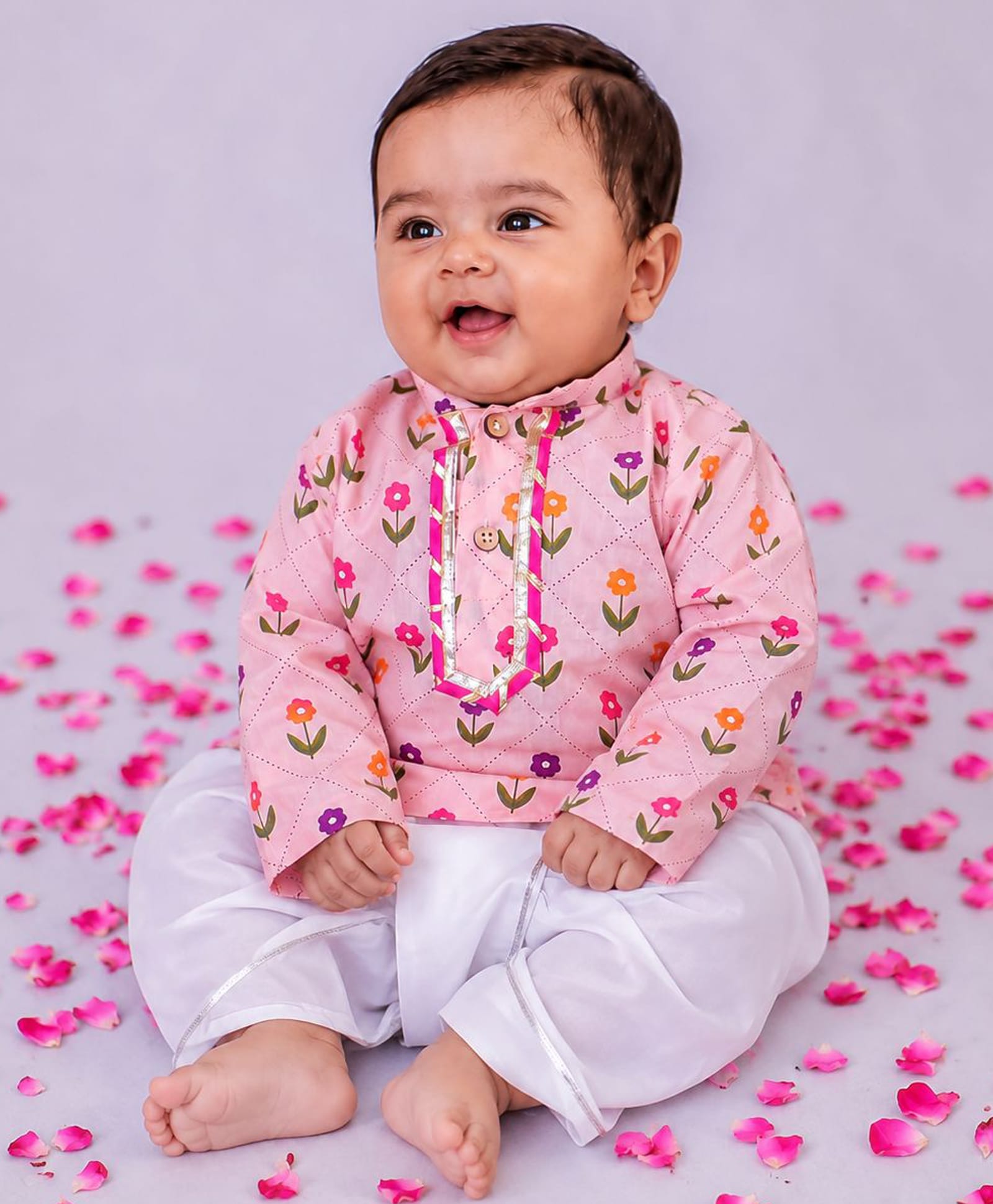 BownBee Cotton Woven Full Sleeves Floral Printed Kurta & Dhoti Set - Pink-picture-17