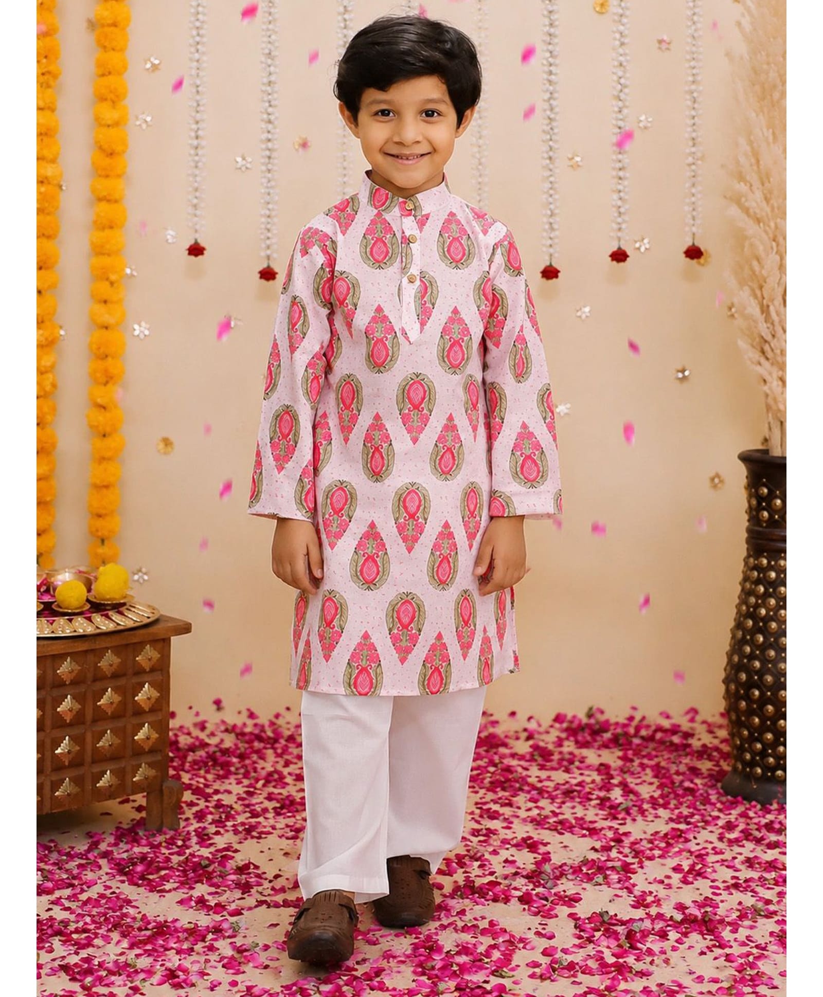 BownBee Pure Cotton Woven Full Sleeves Floral Printed Kurta & Pyjama Set - Pink-picture-27