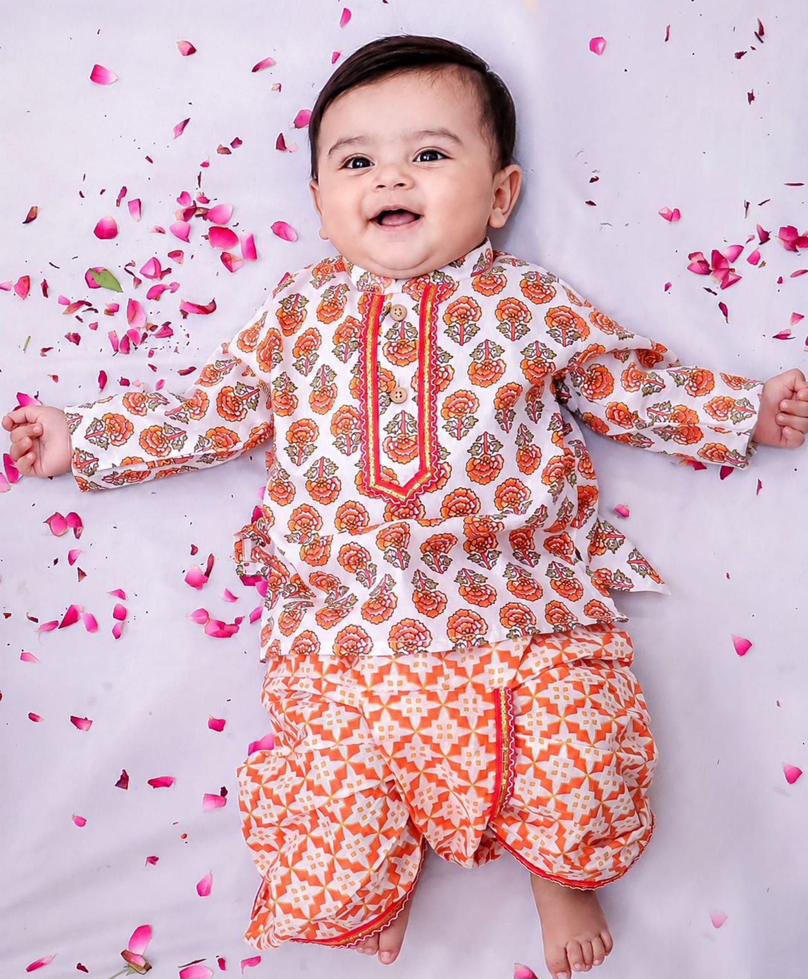 BownBee Cotton Woven Full Sleeves Floral Printed Kurta & Dhoti Set - White-picture-35