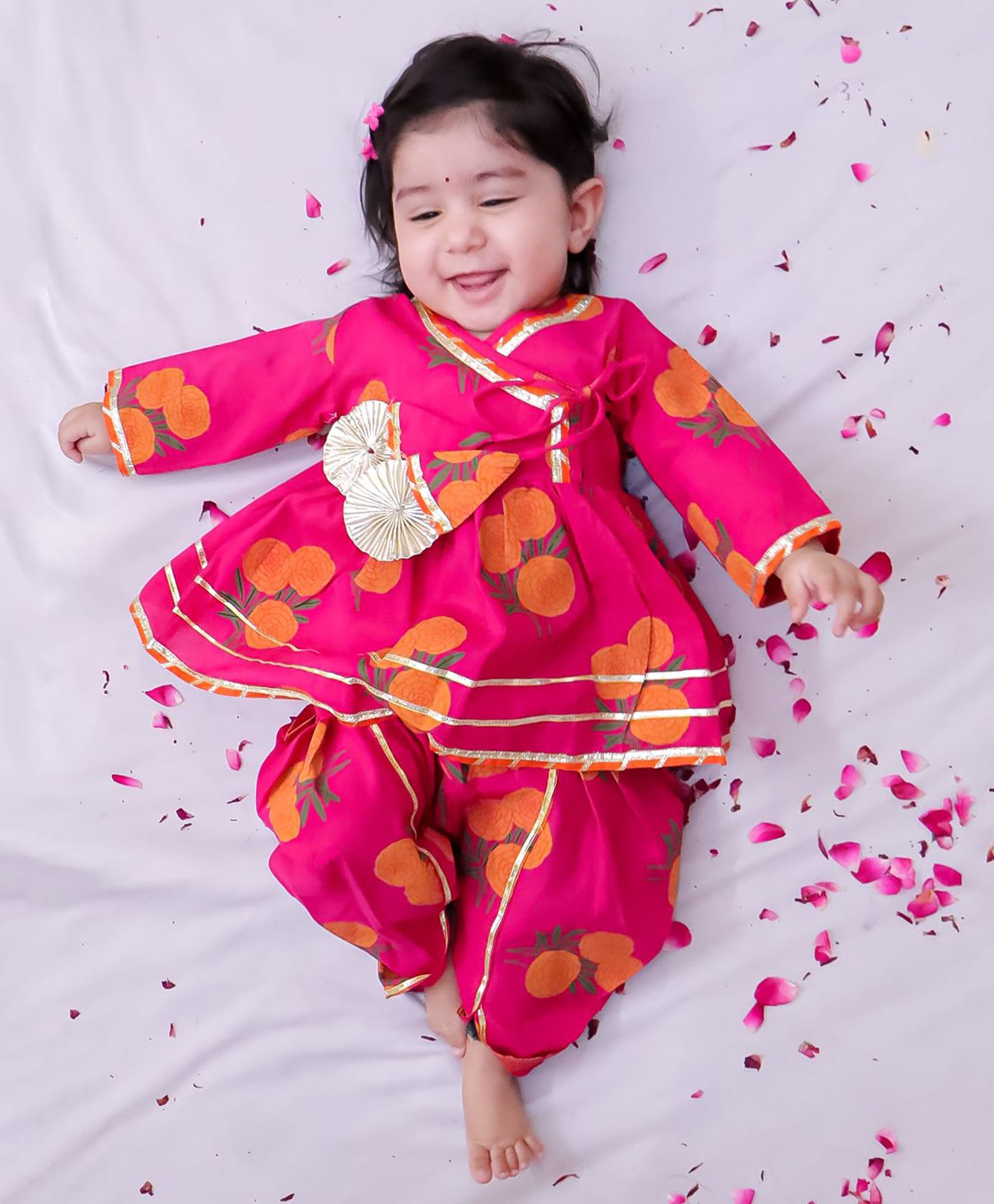 BownBee Pure Cotton Woven Full Sleeves Floral Printed Lace Embellished Angarakha Style Kurti & Dhoti Set - Pink-image-48