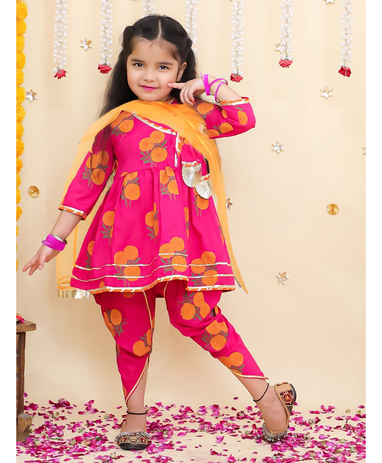 BownBee Pure Cotton Woven Three Fourth Sleeves Floral Printed Lace Embellished Angarakha Style Kurti & Dhoti With Dupatta Set - Pink-picture-20