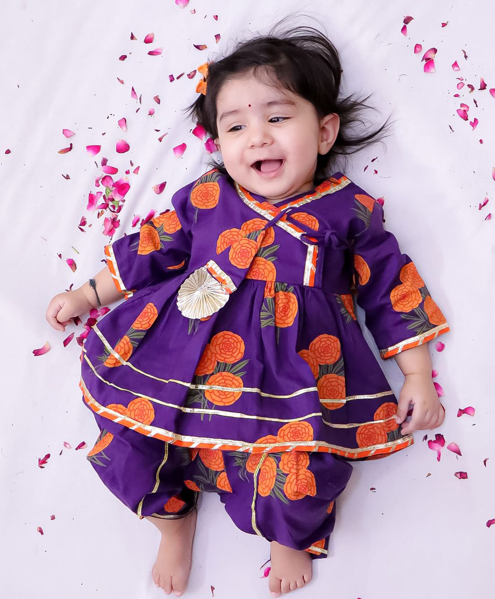 BownBee Pure Cotton Woven Three Fourth Sleeves Floral Printed Lace Embellished Angarakha Style Kurti & Dhoti Set - Purple-picture-18
