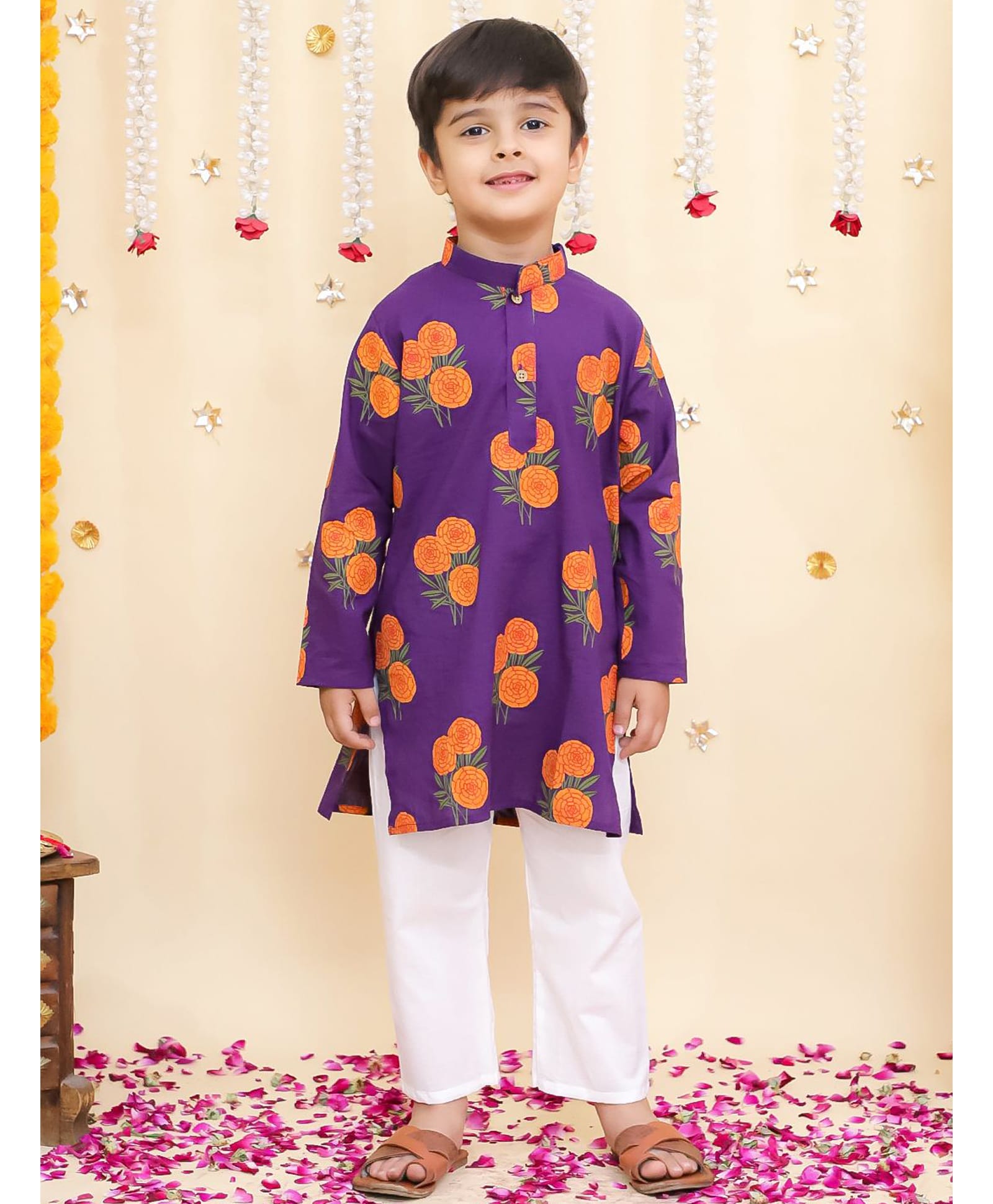 BownBee Pure Cotton Woven Full Sleeves Floral Printed Kurta & Pyjama Set - Purple-picture-18