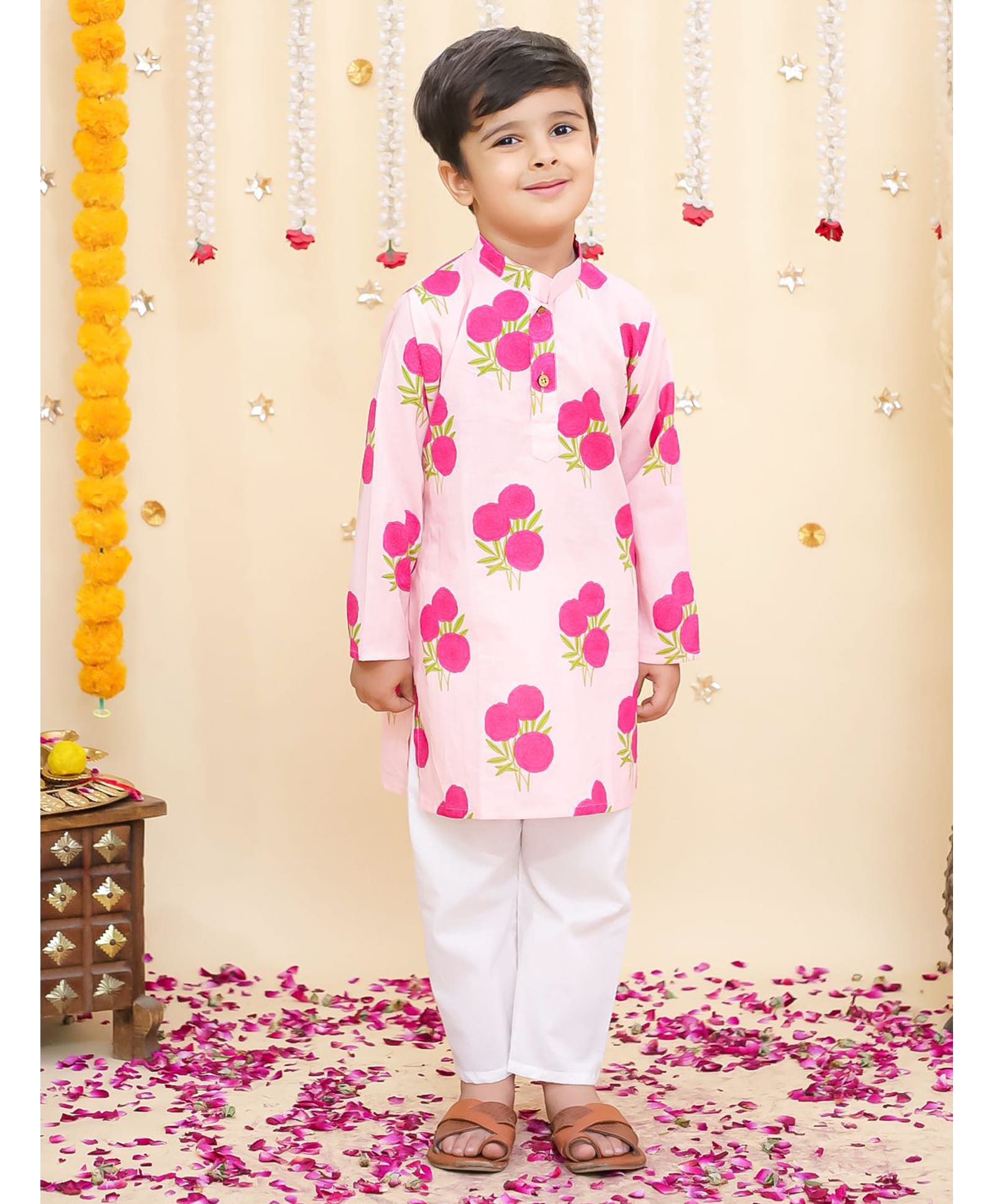 BownBee Pure Cotton Woven Full Sleeves Floral Printed Kurta & Pyjama Set - Baby Pink-picture-28