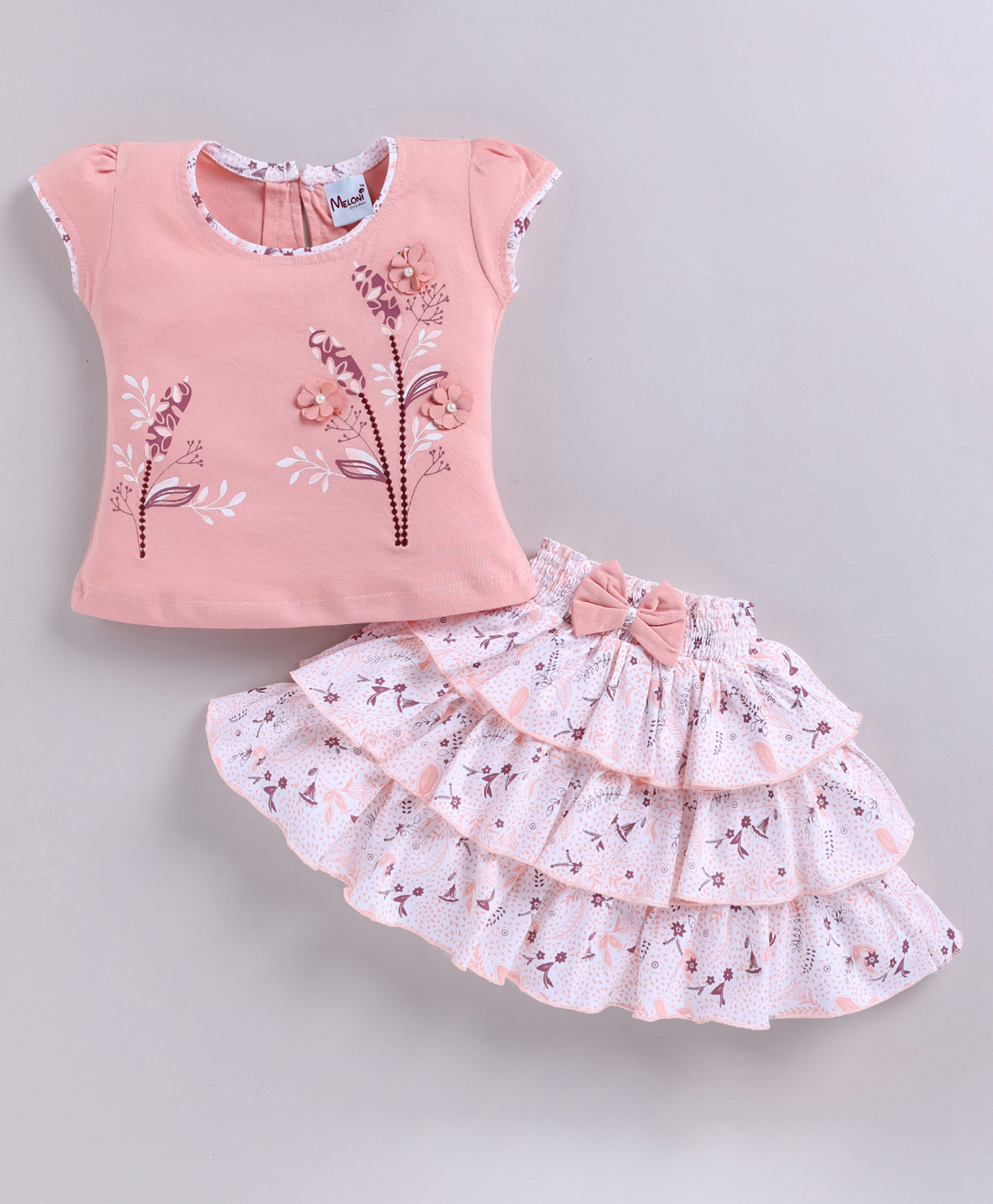 MELONI Knitted Knit Half Sleeves Floral Applique Detailed & Printed Top & Skirt Set - Peach-image-46