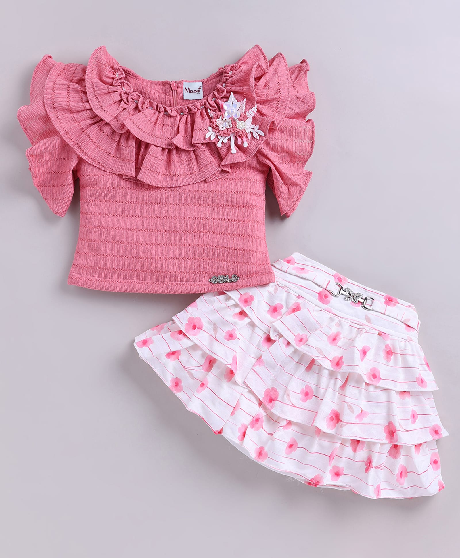 MELONI Textile Knit Half Sleeves Floral Applique Detailed Top & Skirt Set - Onion Pink-image-4