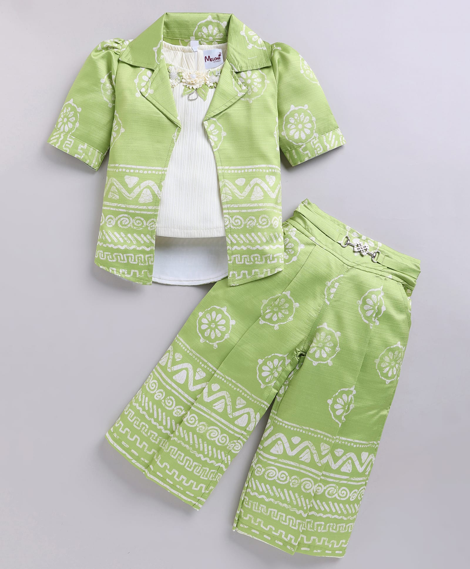 MELONI Silk Knit Floral Applique Detailed Top With Abstract Printed Coordinating Jacket & Pants Set - Green-image-24