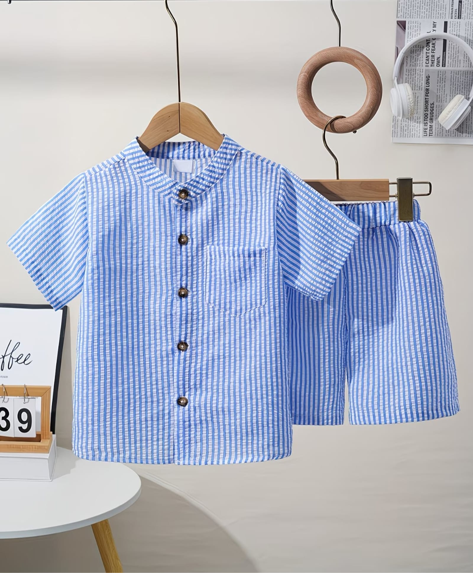 The Kids Club Cotton Blend Knit Half Sleeves Striped Coordinating Shirt & Shorts Set - Blue-picture-33