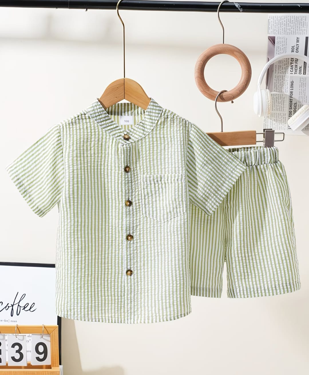 The Kids Club Cotton Woven Half Sleeves Striped Shirt & Shorts Set - Green-image-48