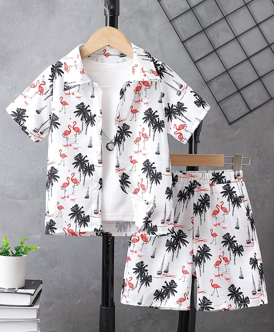 The Kids Club Cotton Blend Woven Half Sleeves Tropical Theme Printed Coordinating Shirt & Shorts Set - White-picture-29