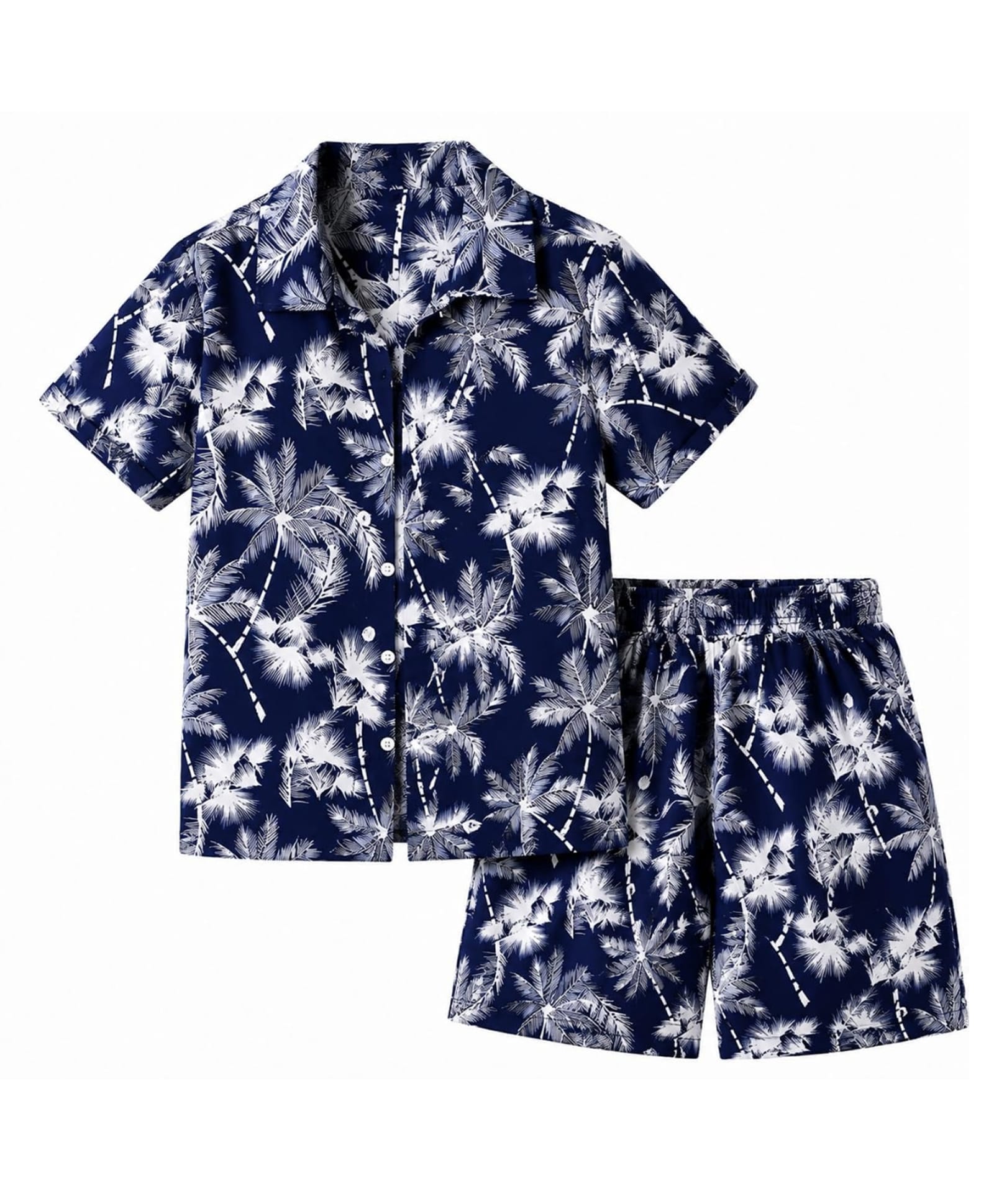 The Kids Club Cotton Blend Knit Half Sleeves Palm Tree Printed Coordinating Shirt & Shorts Set - Navy Blue-picture-32