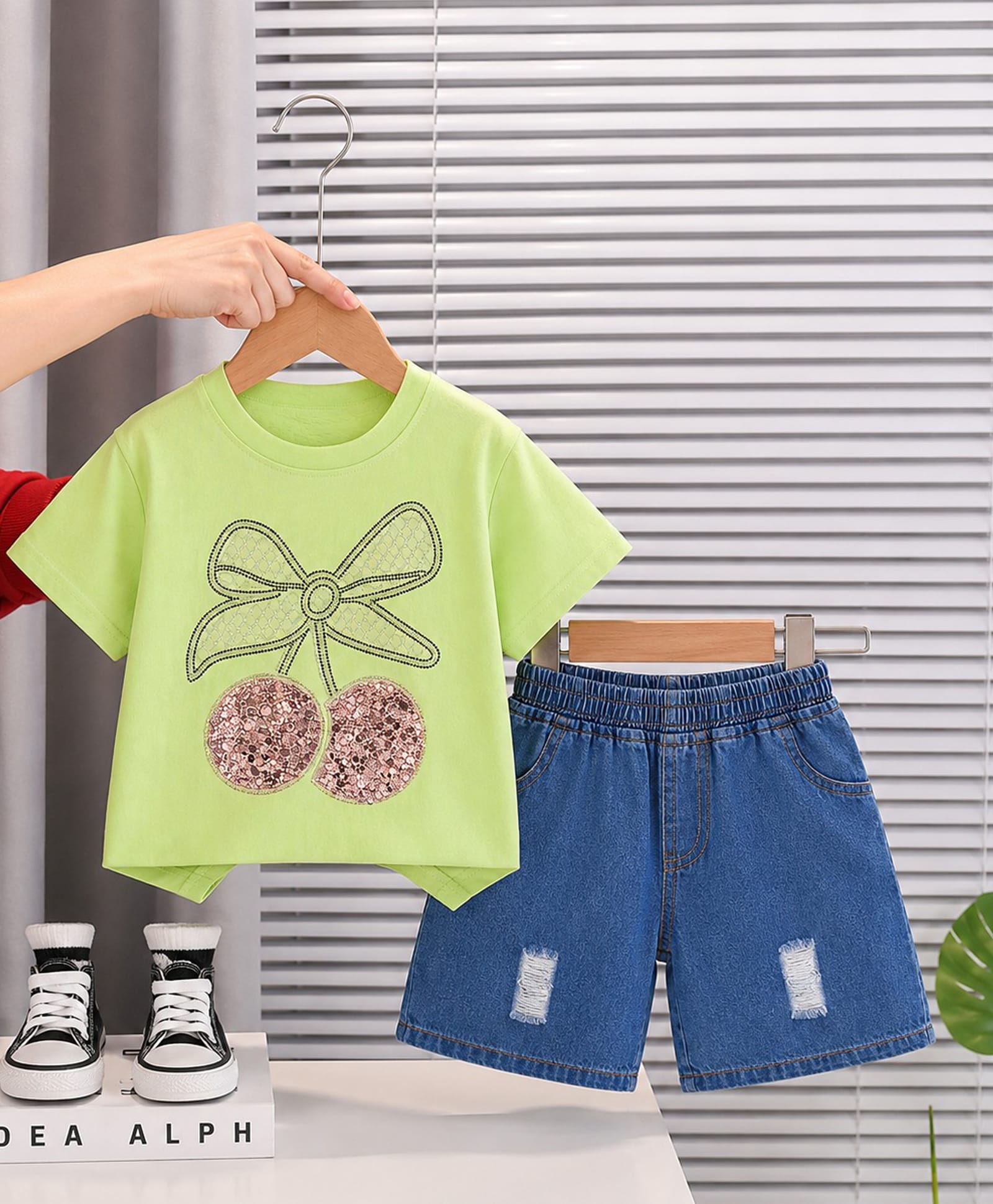 Googo Gaaga Cotton Knit Half Sleeves Cherry Printed Tee & Shorts Set - Green-image-44