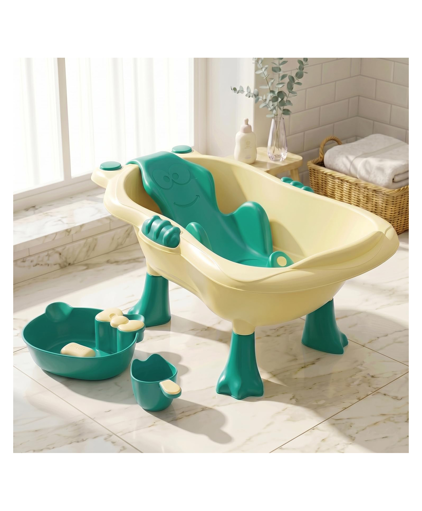 StarAndDaisy Baby Bath Tub for 0 to 5 Years with Bathing Accessories Tray and Mug Baby Bather for 0 to 2 Years BPA Free Baby Bath Tub for Kids 0 to 3 Years 4 Leg Support Cream Green Legs-image-45
