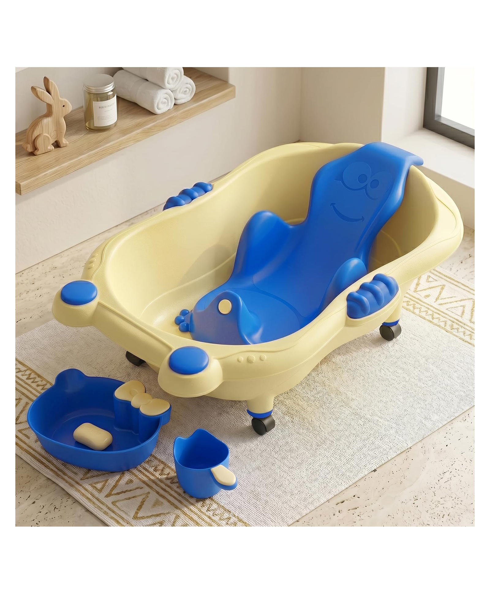 StarAndDaisy Baby Bath Tub for 0 to 5 Years with Bathing Accessories Tray and Mug Baby Bather for 0 to 2 Years BPA Free Baby Bath Tub for Kids 0 to 3 Years 4 Leg Support Cream Blue Wheels-image-15