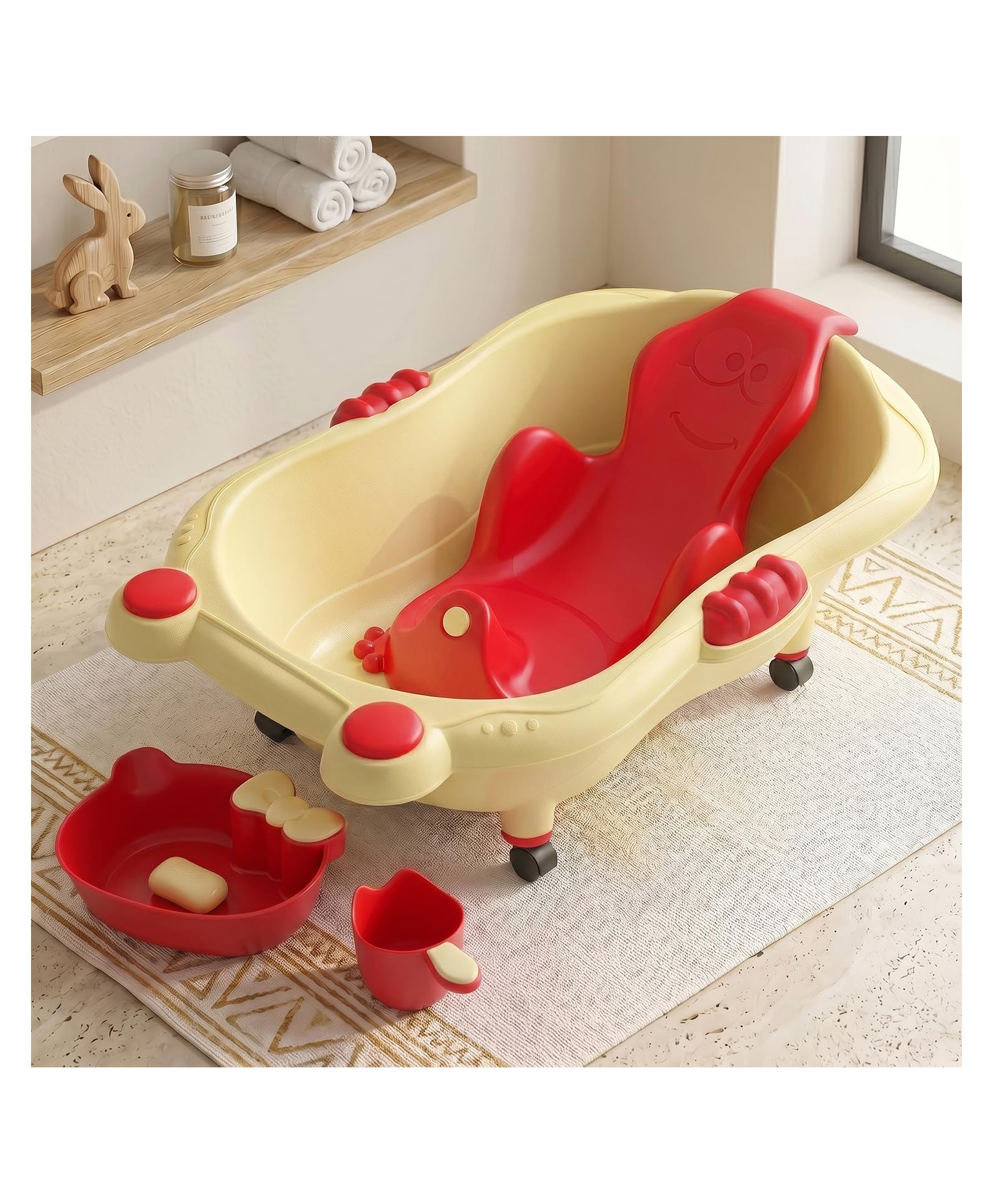 StarAndDaisy Baby Bath Tub for 0 to 5 Years with Bathing Accessories Tray and Mug Baby Bather for 0 to 2 Years BPA Free Baby Bath Tub for Kids 0 to 3 Years 4 Leg Support Cream Red Wheels-image-16