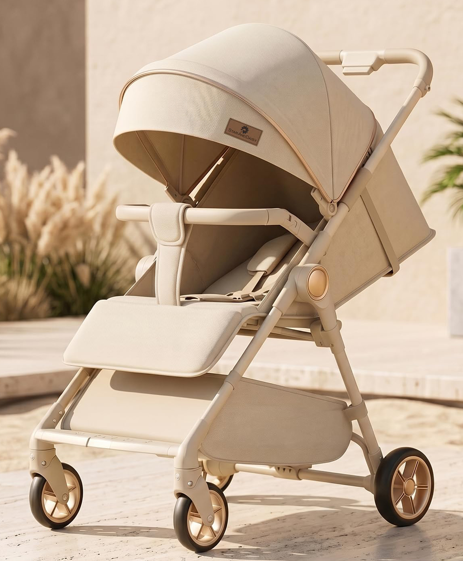 StarAndDaisy Foldable Stroller for Baby 0 to 3 Years Infant and Toddler Travel Pram with Adjustable Canopy Footrest Lockable Wheels Multi Level Recline Storage Basket 5 Point Safety Belt Beige-picture-20