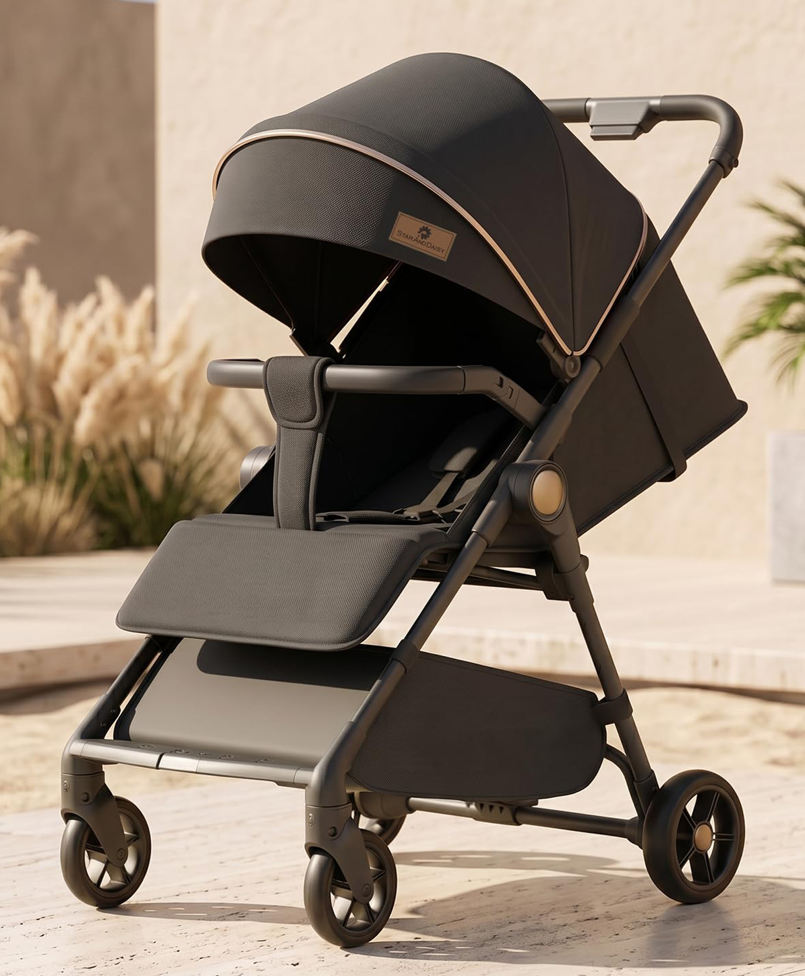 StarAndDaisy Foldable Stroller for Baby 0 to 3 Years Infant and Toddler Travel Pram with Adjustable Canopy Footrest Lockable Wheels Multi Level Recline Storage Basket 5 Point Safety Belt Black-picture-15