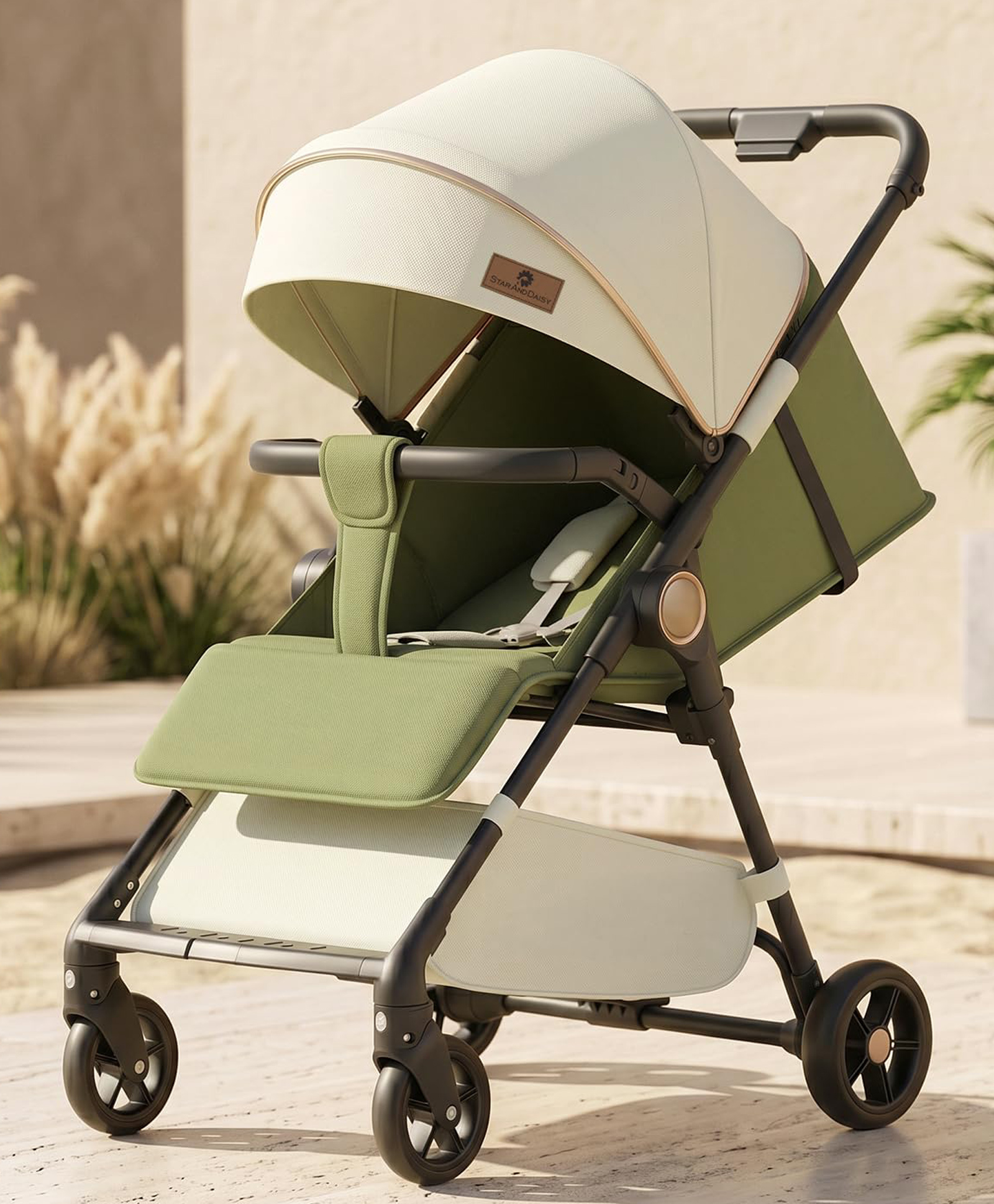 StarAndDaisy Foldable Stroller for Baby 0 to 3 Years Infant and Toddler Travel Pram with Adjustable Canopy Footrest Lockable Wheels Multi Level Recline Storage Basket 5 Point Safety Belt Green-picture-26