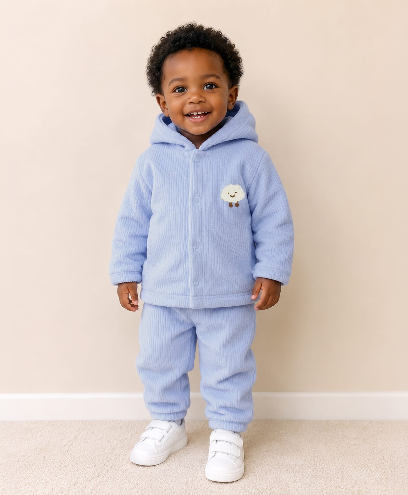 Mi Arcus Knit Full Sleeves Cloud Applique Detailed Striped Hooded Winter Sweatshirt & Joggers Set - Blue-image-32