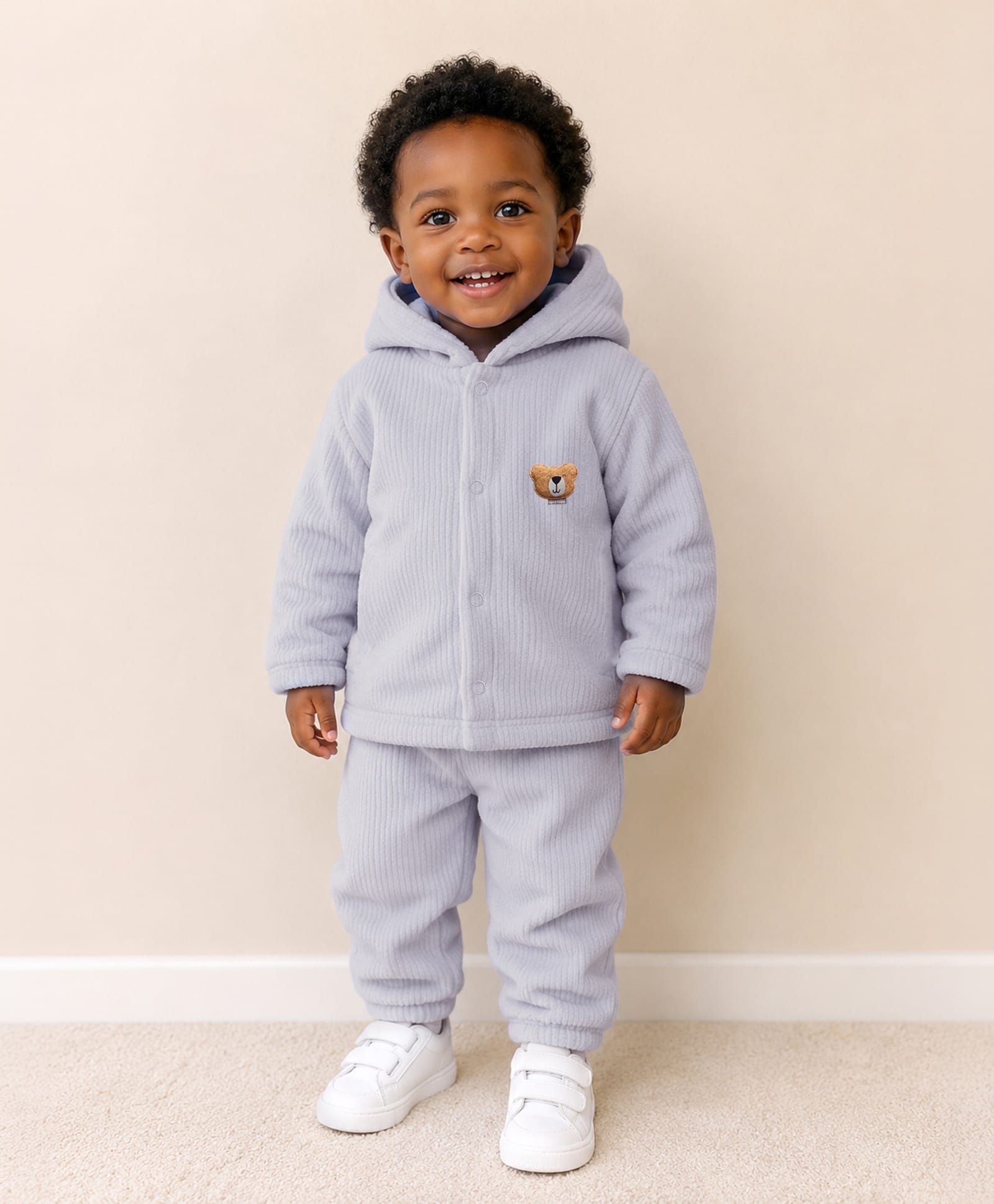 Mi Arcus Knit Full Sleeves Bear Applique Detailed Striped Hooded Winter Sweatshirt & Joggers Set - Grey-picture-36