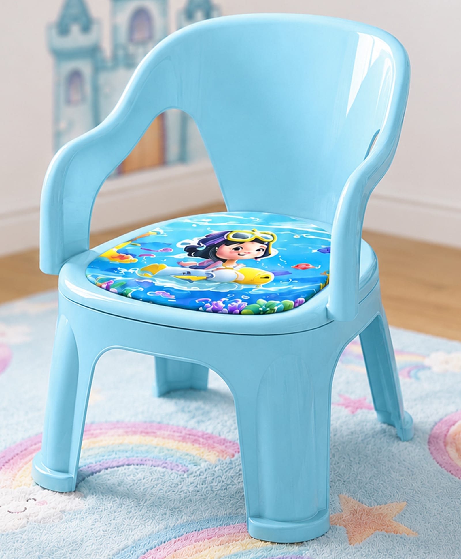 HAPPY BEAR Kids Study Chair with Backrest & Soft Printed Cushion Comfortable Lightweight & Durable Plastic Chair for Children Ideal for Study Dining Play & Fun Ages 2 6 Years Blue-picture-23