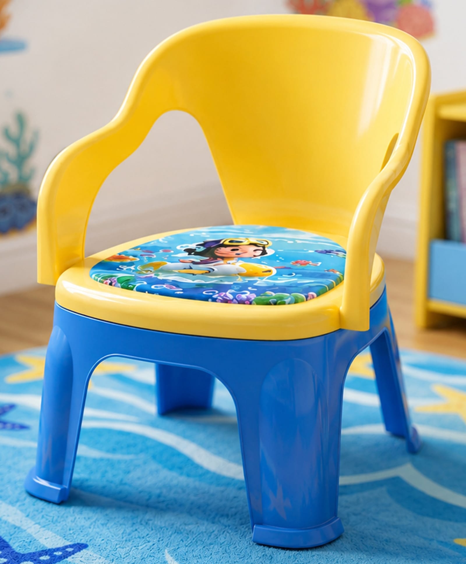 HAPPY BEAR Kids Study Chair with Backrest & Soft Printed Cushion Comfortable, Lightweight & Durable Plastic Chair for Children Ideal for Study Dining Play & Fun Ages 2 6 Years Yellow-picture-12