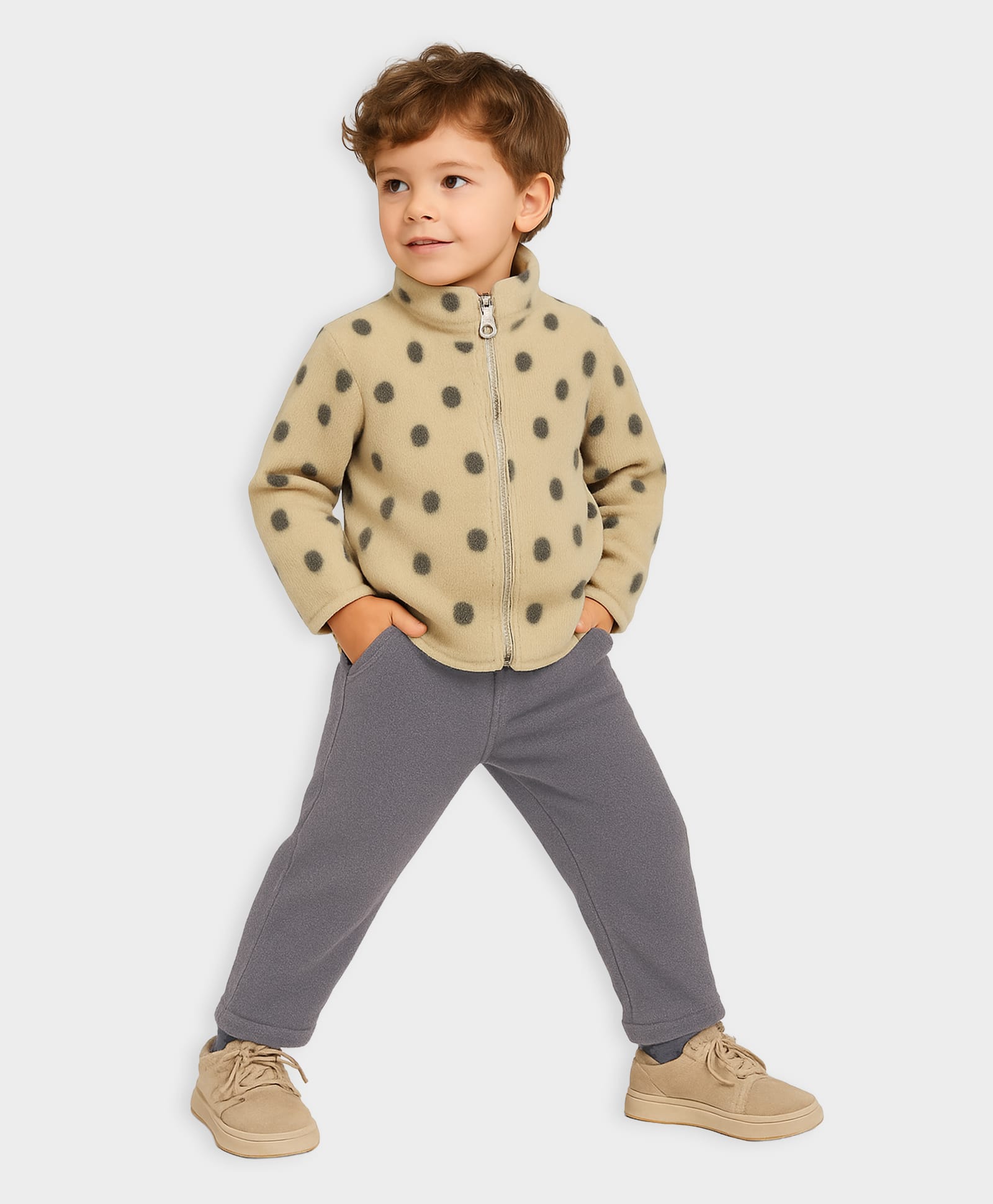 Mi Arcus Knit Full Sleeves Polka Dots Printed Jacket & Pant Set - Beige & Grey-image-8