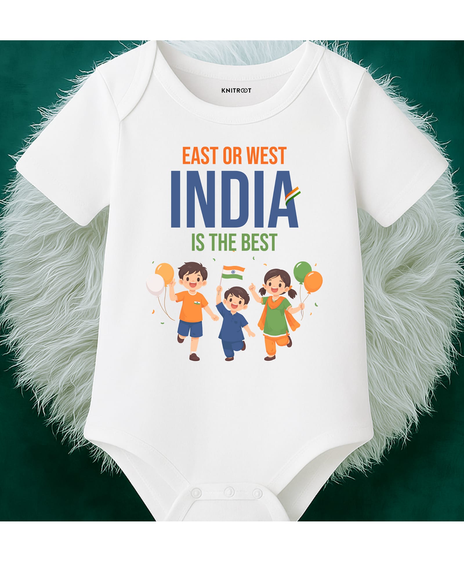 KNITROOT Cotton Knit Independence Day Theme Half Sleeves East Or West India Is The Best Text Printed Onesie - White-image-2