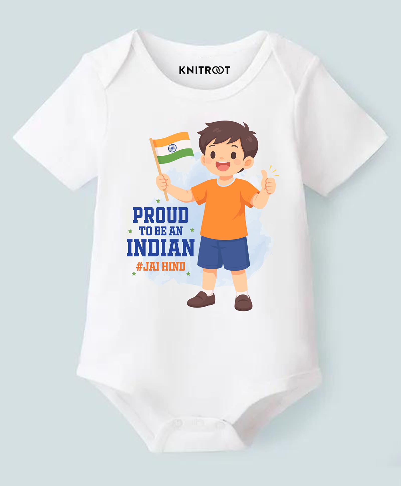 KNITROOT Cotton Knit Independence Day Theme Half Sleeves Proud To Be An Indian Jai Hind Text Printed Onesie - White-picture-25