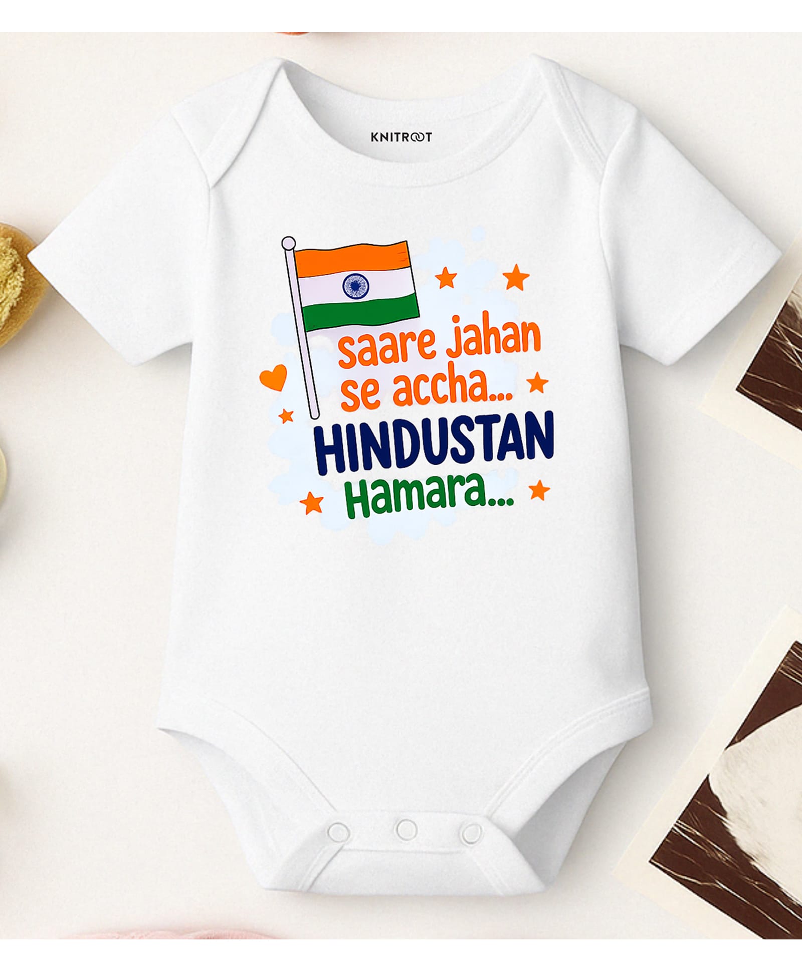 KNITROOT Cotton Knit Independence Day Theme Half Sleeves Saare Jahan Se Accha Hindustan Hamara Text Printed Onesie - White-image-34