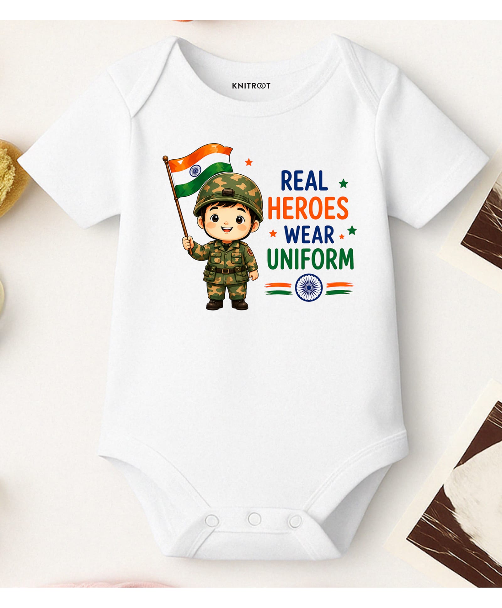 KNITROOT Cotton Knit Independence Day Theme Half Sleeves Real Heroes Wear Uniform Text Printed Onesie - White-image-5