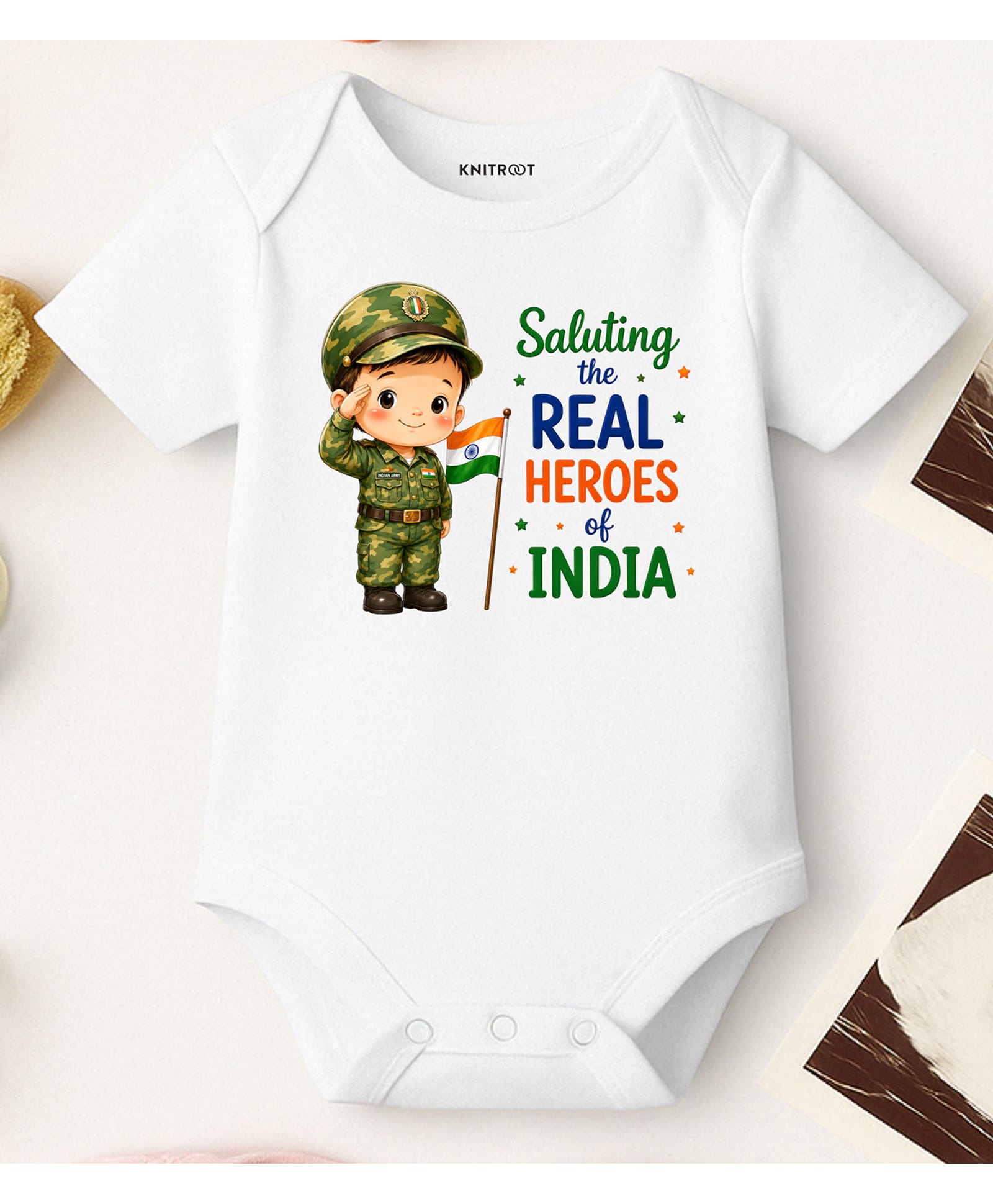 KNITROOT Cotton Knit Independence Day Theme Half Sleeves Saluting The Real Heroes Of India Text Printed Onesie - White-image-3