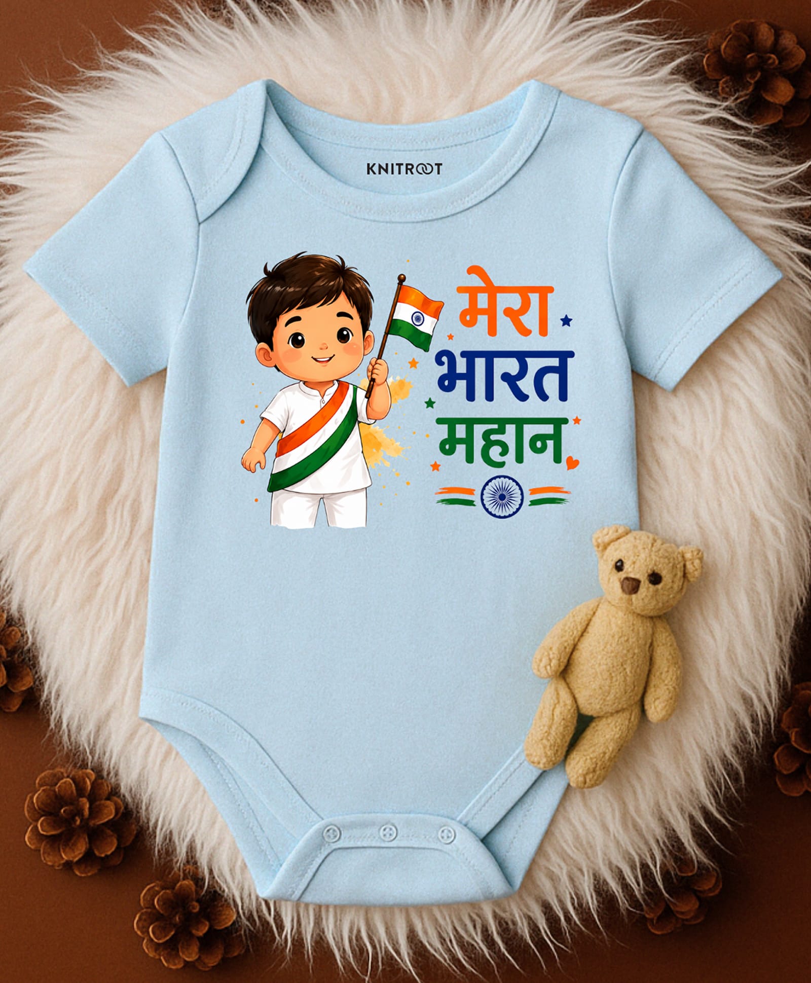 KNITROOT Cotton Knit Independence Day Theme Half Sleeves Mera Bharat Mahan Text Printed Onesie - Blue-image-13