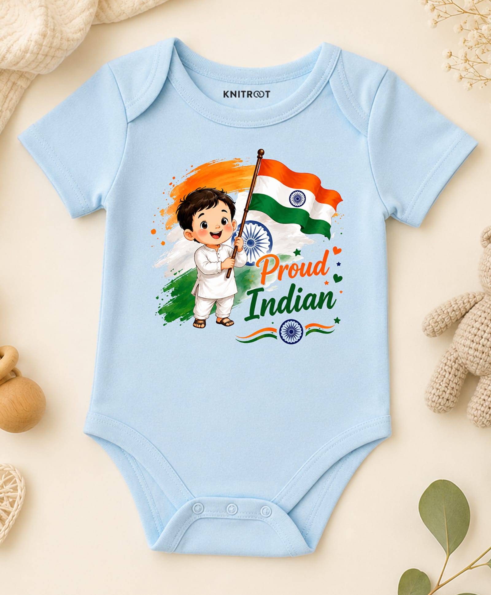 KNITROOT Cotton Knit Independence Day Theme Half Sleeves Proud Indian Text Printed Onesie - Blue-picture-14