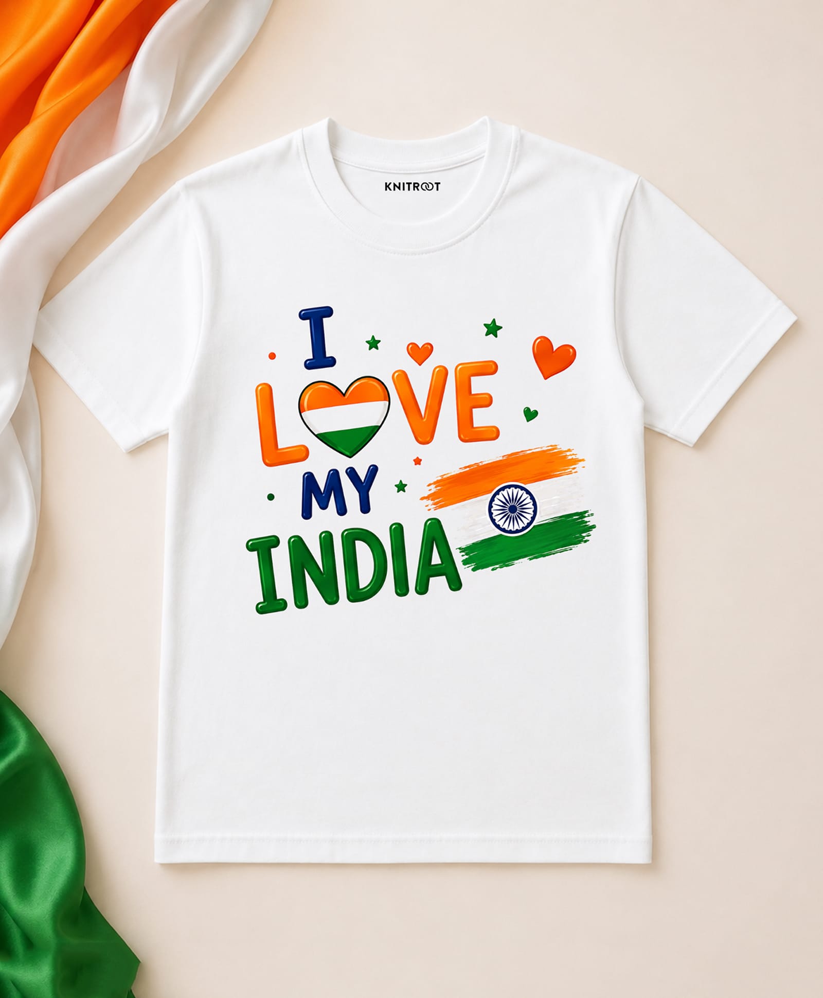 KNITROOT Cotton Knit Independence Day Theme Half Sleeves I Love My India Text Printed Tee - White-picture-16