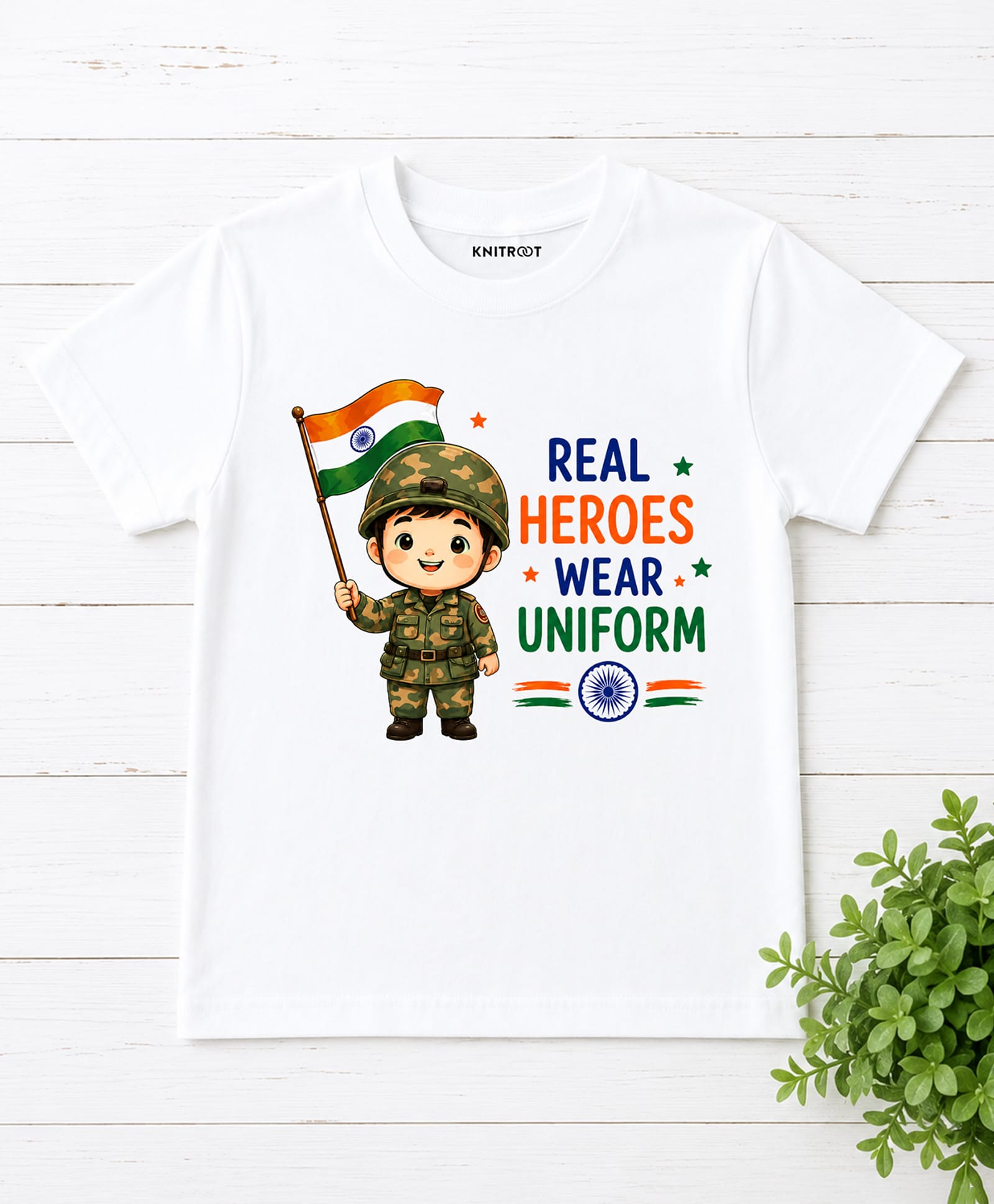 KNITROOT Cotton Knit Independence Day Theme Half Sleeves Real Heroes Wear Uniform Text Printed Tee - White-image-4