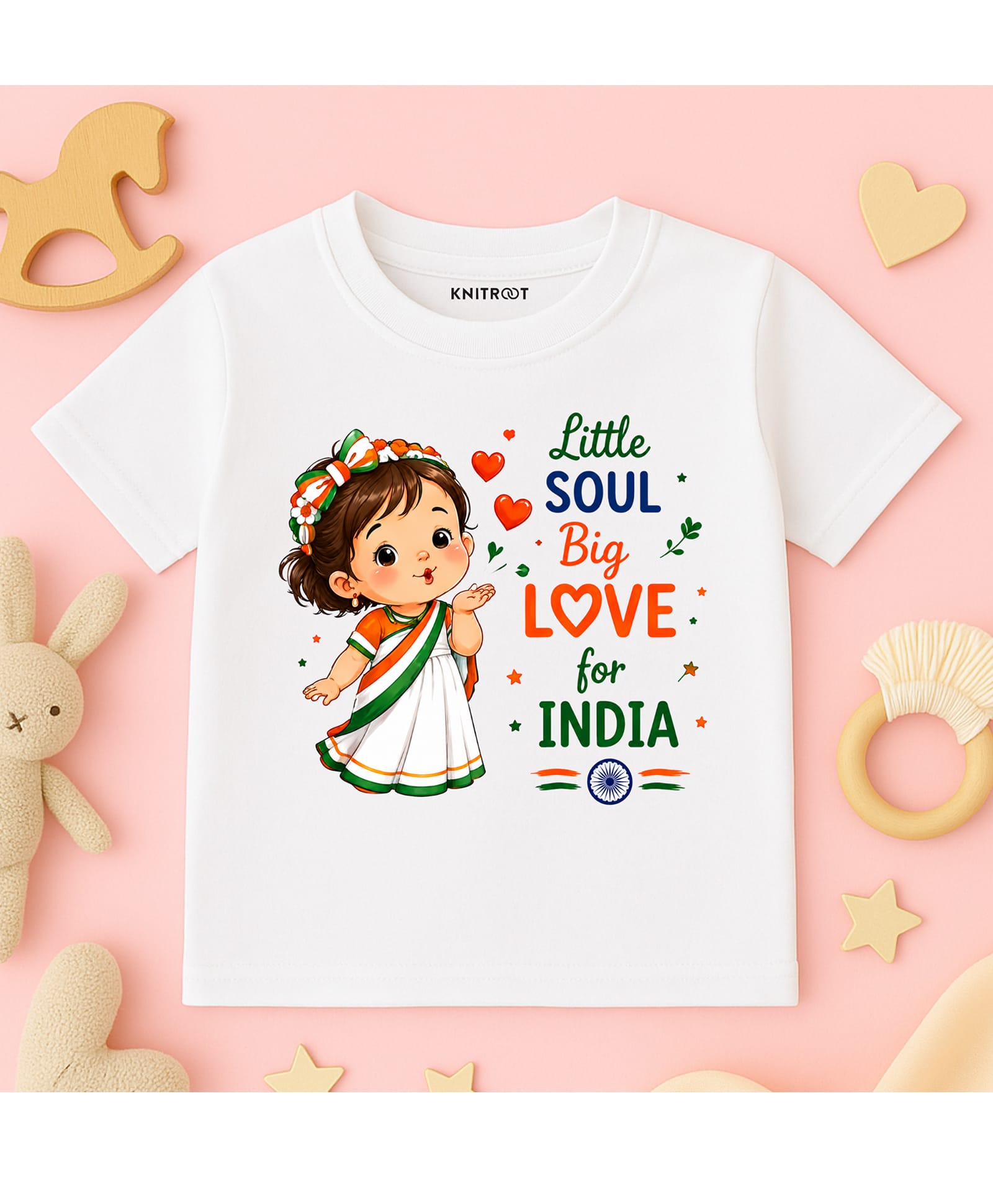 KNITROOT Cotton Knit Independence Day Theme Half Sleeves Little Soul Big Love For India Text Printed Tee - White-image-44