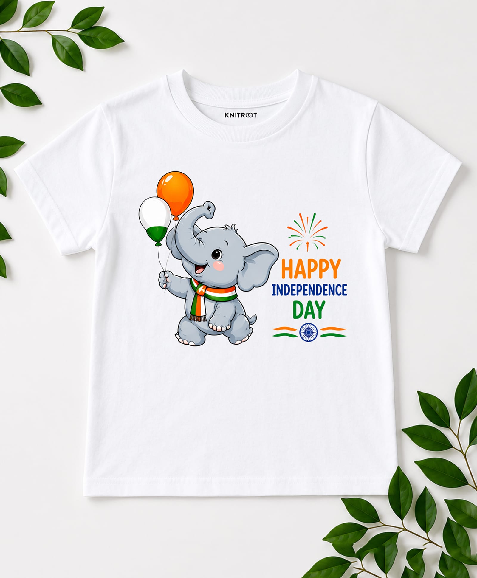 KNITROOT Cotton Knit Independence Day Theme Half Sleeves Happy Independence Day Text Printed Tee - White-picture-26
