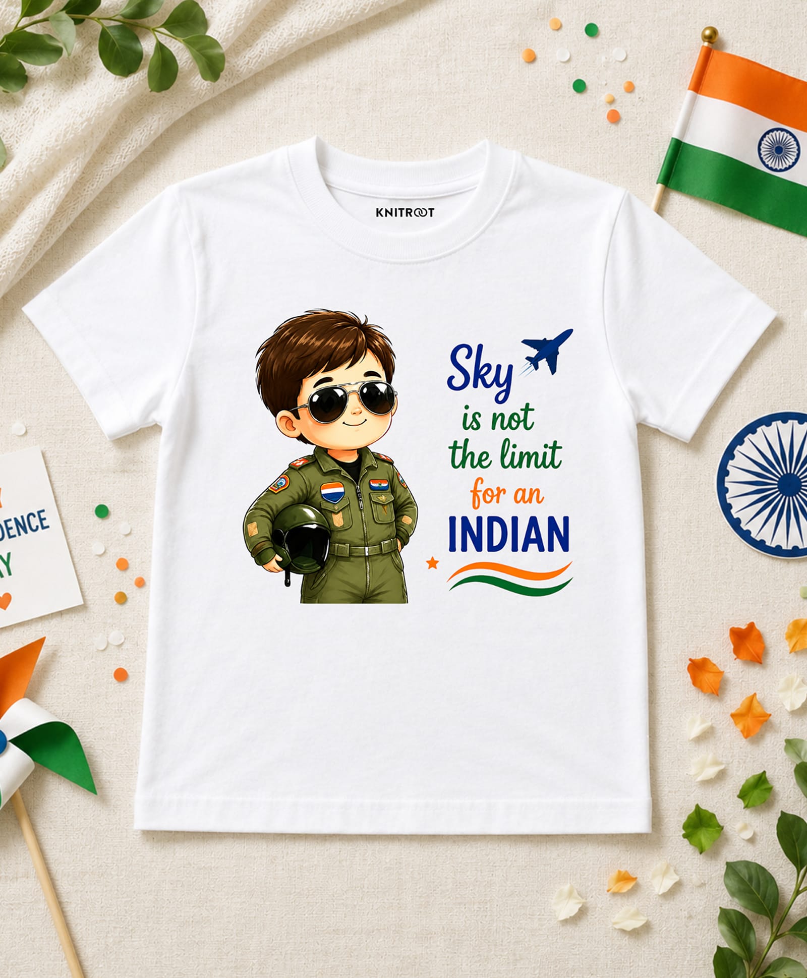KNITROOT Cotton Knit Independence Day Theme Half Sleeves Sky Is Not The Limit For An Indian Text Printed Tee - White-image-9