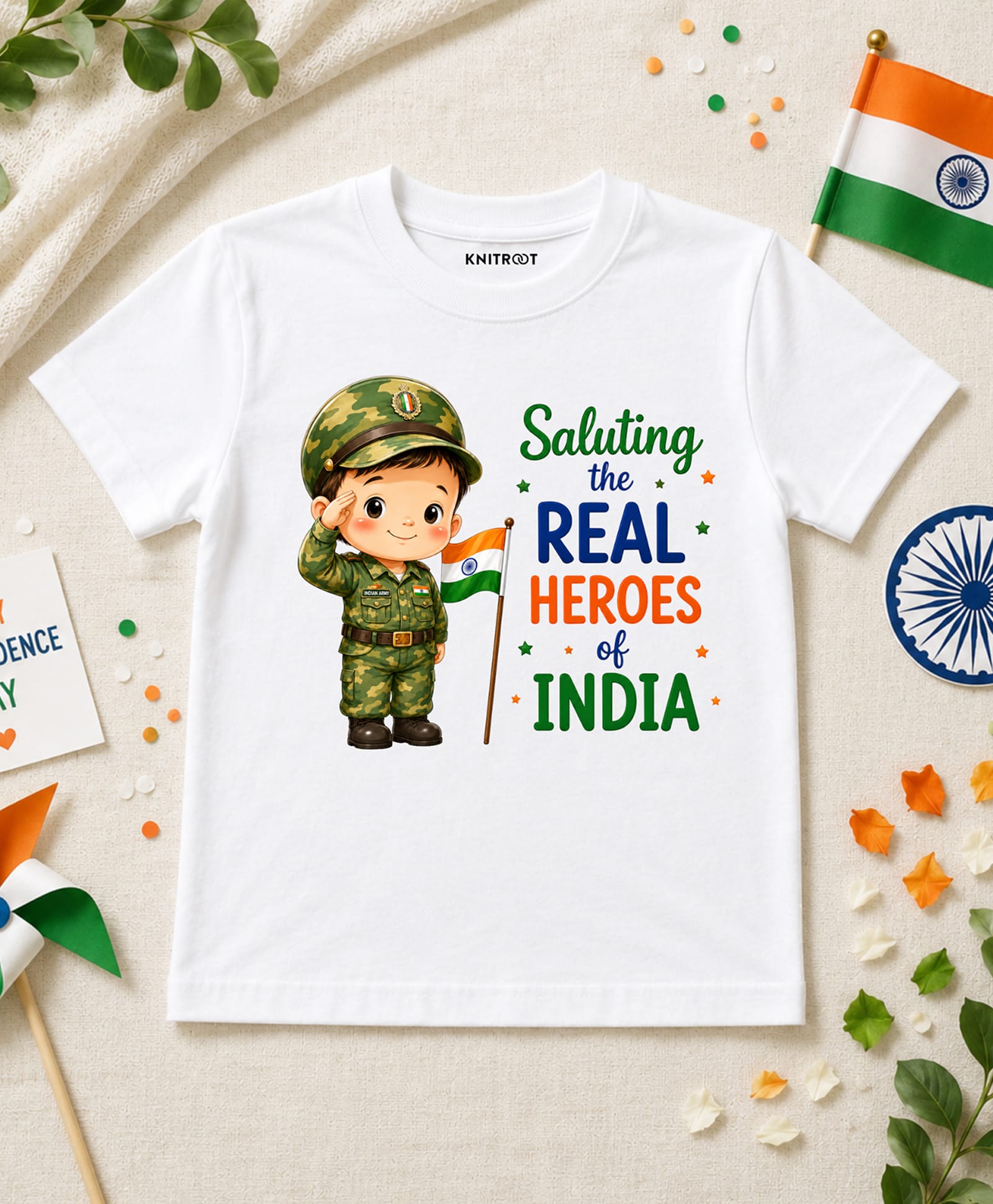 KNITROOT Cotton Knit Independence Day Theme Half Sleeves Saluting The Real Heroes Of India Text Printed Tee - White-image-4